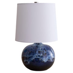 French Blue Ceramic Round Table Lamp with Woven Shade, 1960s