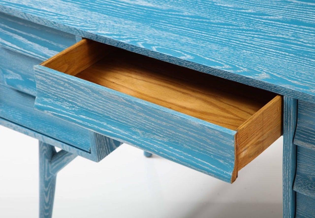 French Blue Cerused Oak Moderne Desk For Sale 4