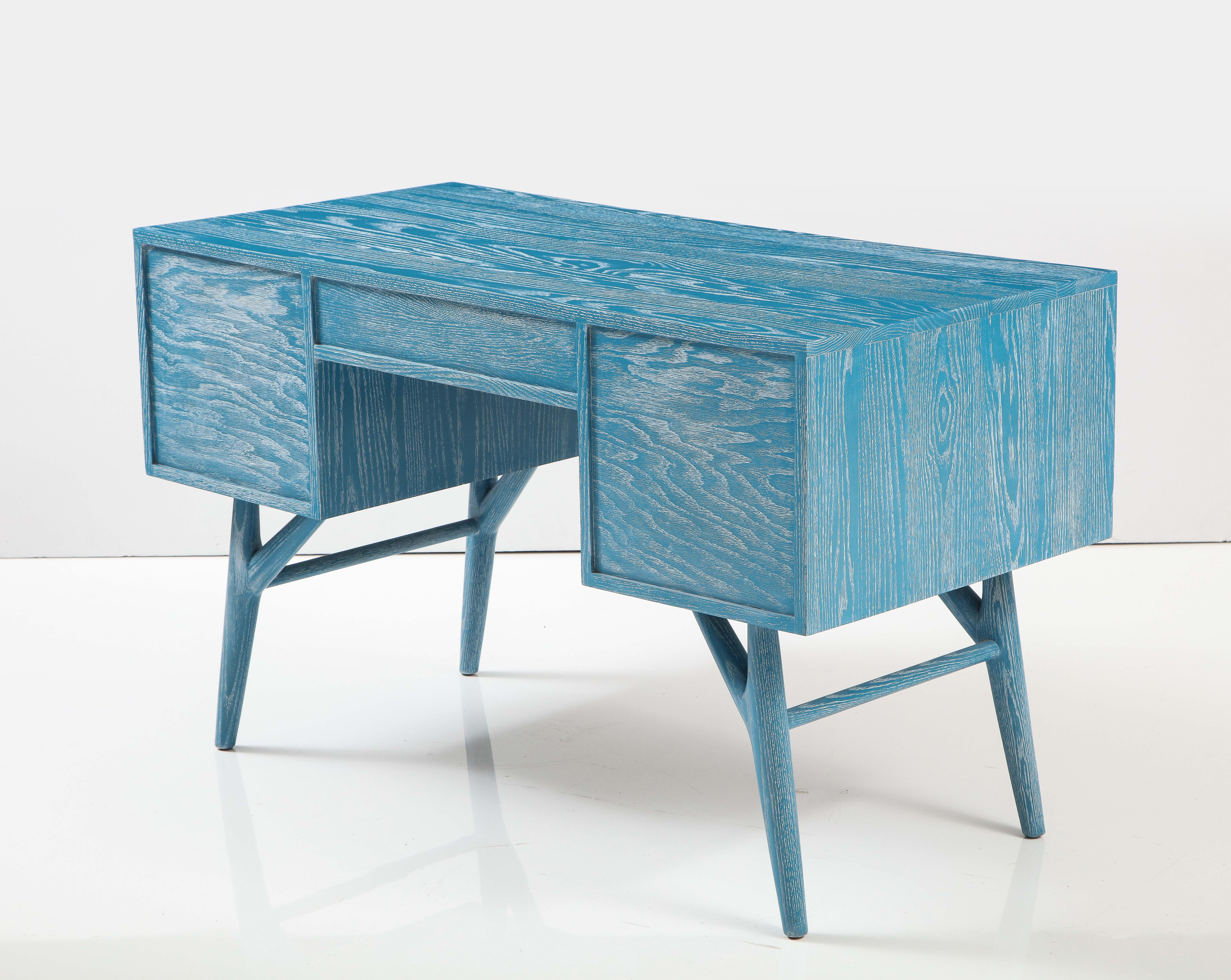Mid-Century Modern French Blue Cerused Oak Moderne Desk