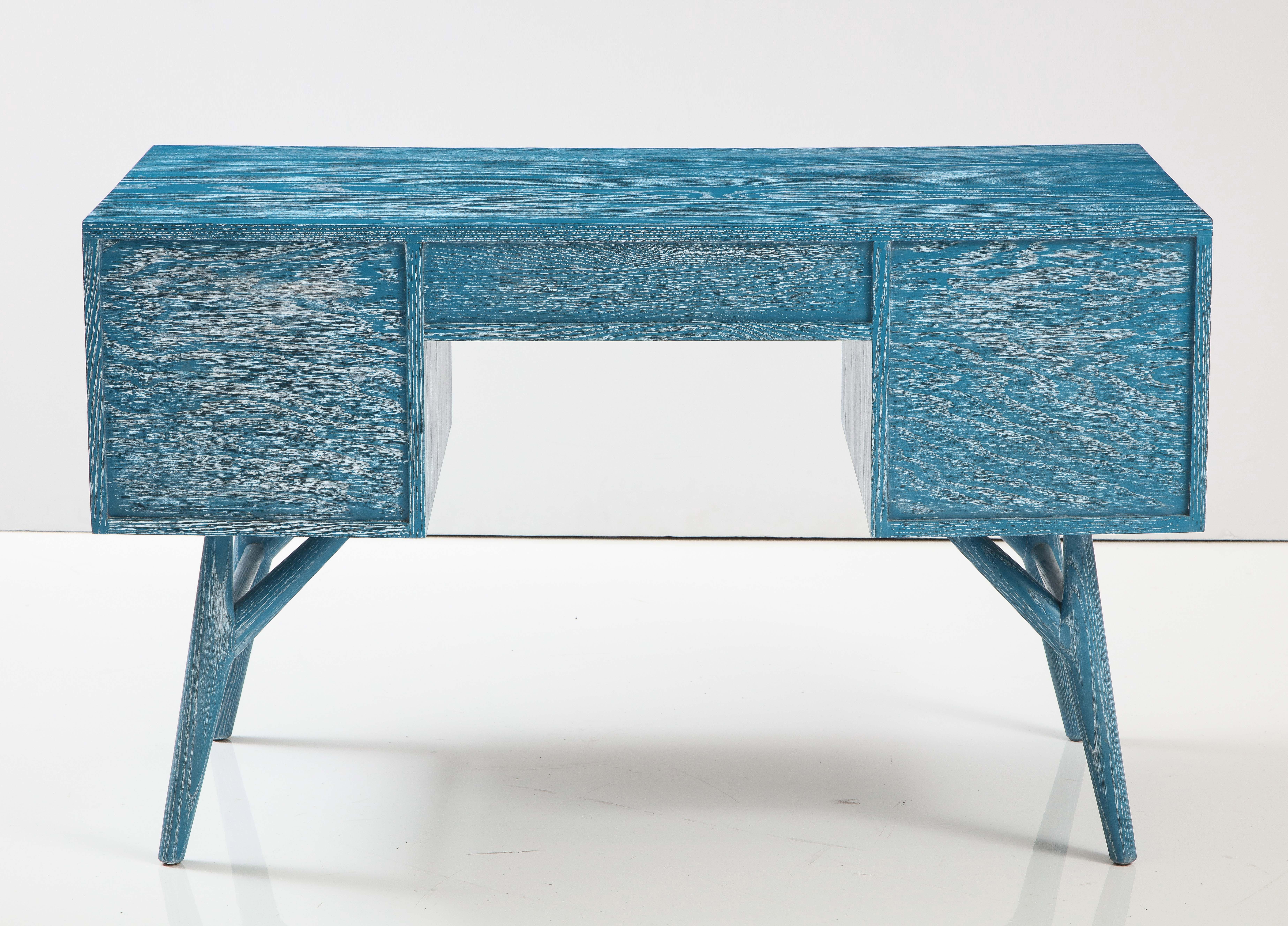French Blue Cerused Oak Moderne Desk In Good Condition In New York, NY