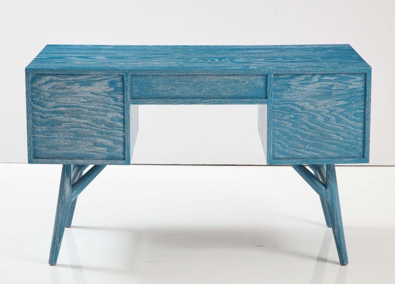 French Blue Cerused Oak Moderne Desk In Good Condition For Sale In New York, NY
