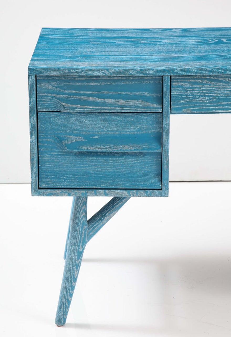 French Blue Cerused Oak Moderne Desk For Sale 1