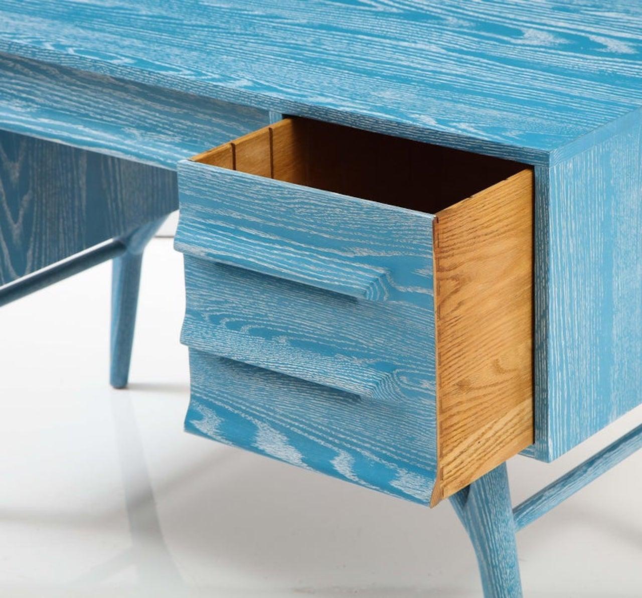 Französisch Blau Cerused Eiche Moderne Schreibtisch im Angebot 2