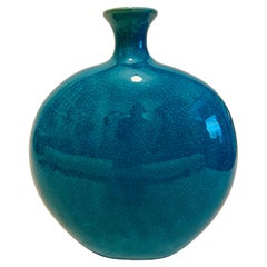 Vintage French Blue Craquelure Flask Shaped Vase