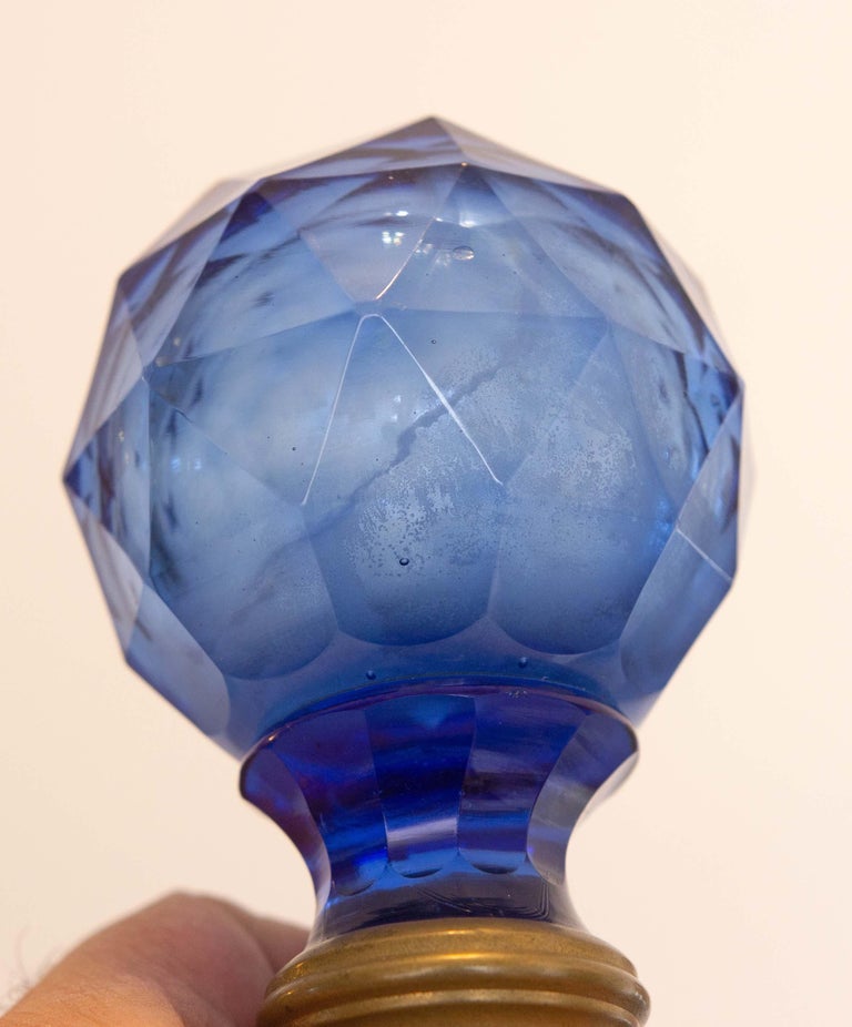 Blue cut glass newel post finial. French. Early 20th century. From an estate collection.