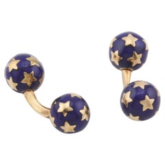 French Blue Enamel 18k Yellow Gold Star Motif Dumbbell Cufflinks