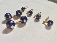 French Blue Enamel 18k Yellow Gold Star Motif Dumbbell Cufflinks with Studs