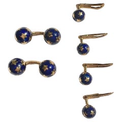 French Blue Enamel 18k Yellow Gold Star Motif Dumbbell Cufflinks with Studs