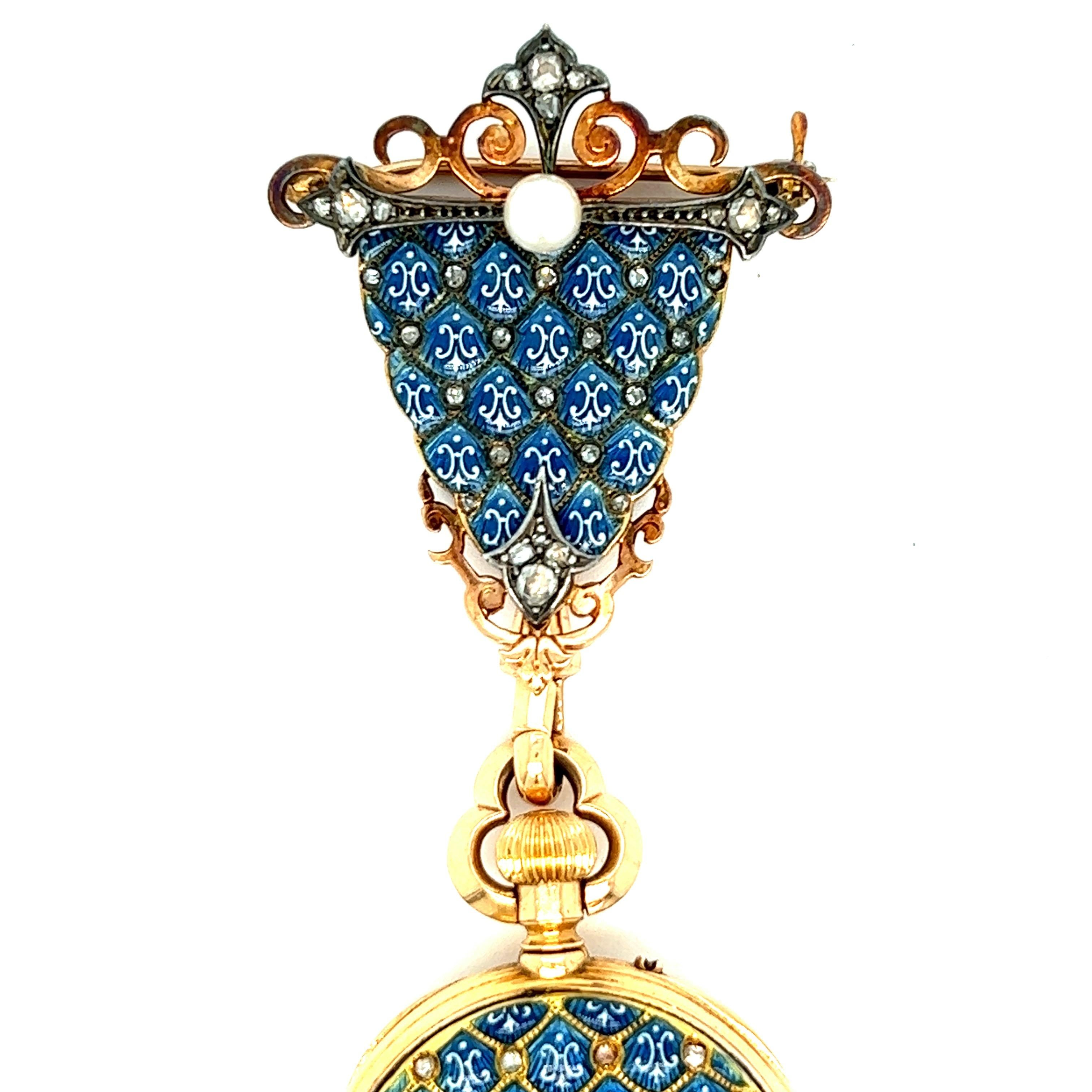 French blue enamel and diamond pendant watch, circa 1880s

Open face watch with one pearl and old mine cut rough diamonds, enamel dial with Roman numerals; marked 24388; inscribed 