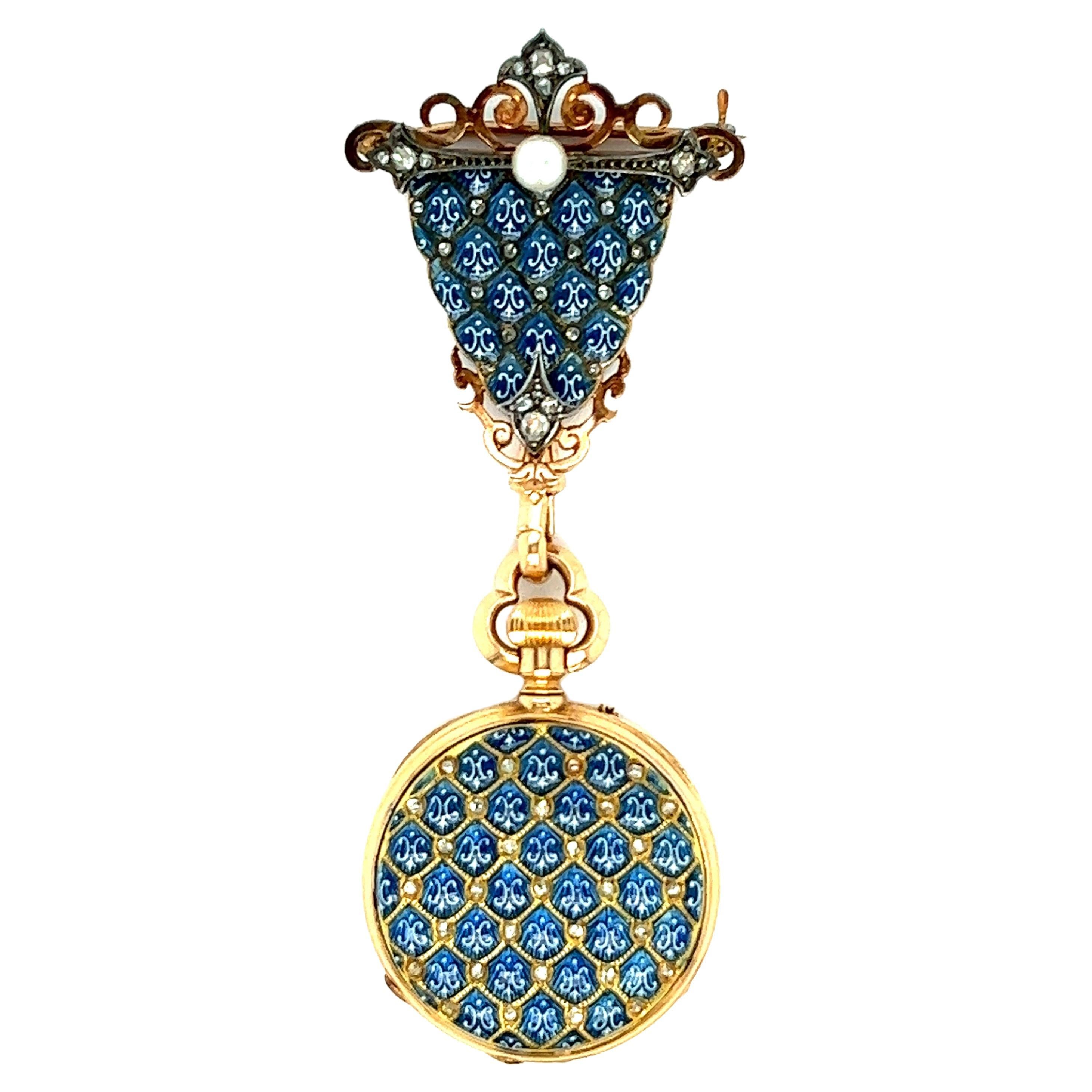 French Blue Enamel Diamond Pendant Watch For Sale