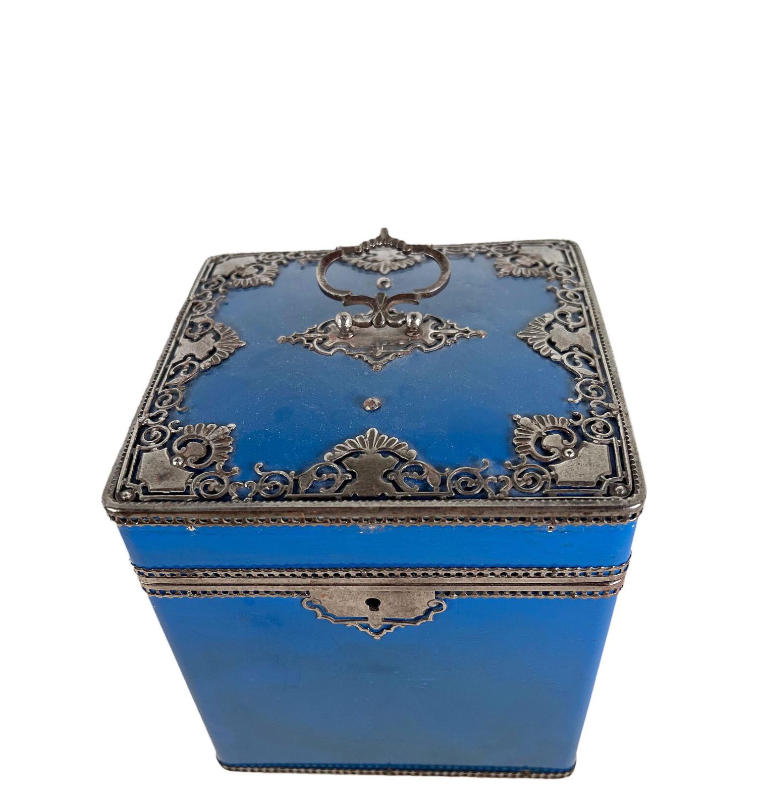 French Blue Enamel Napkin Box  In Good Condition For Sale In Dallas, TX