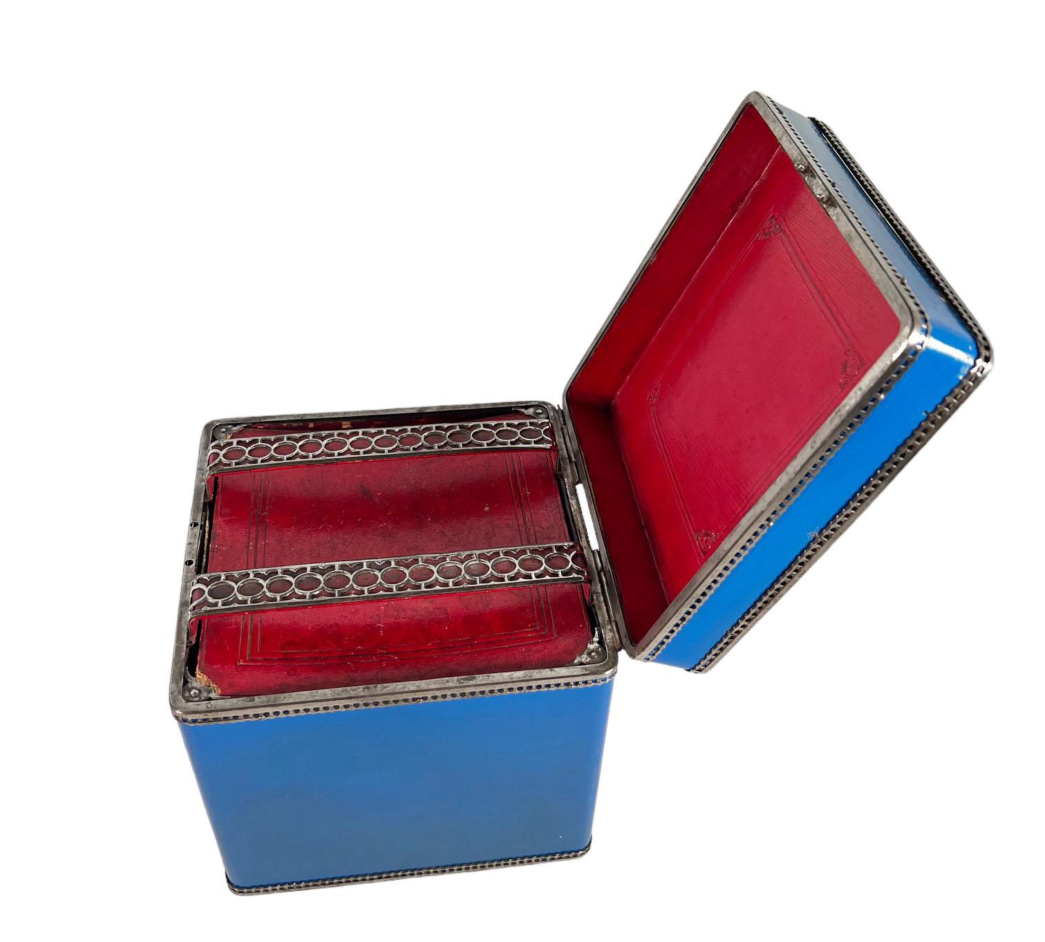 Leather French Blue Enamel Napkin Box  For Sale