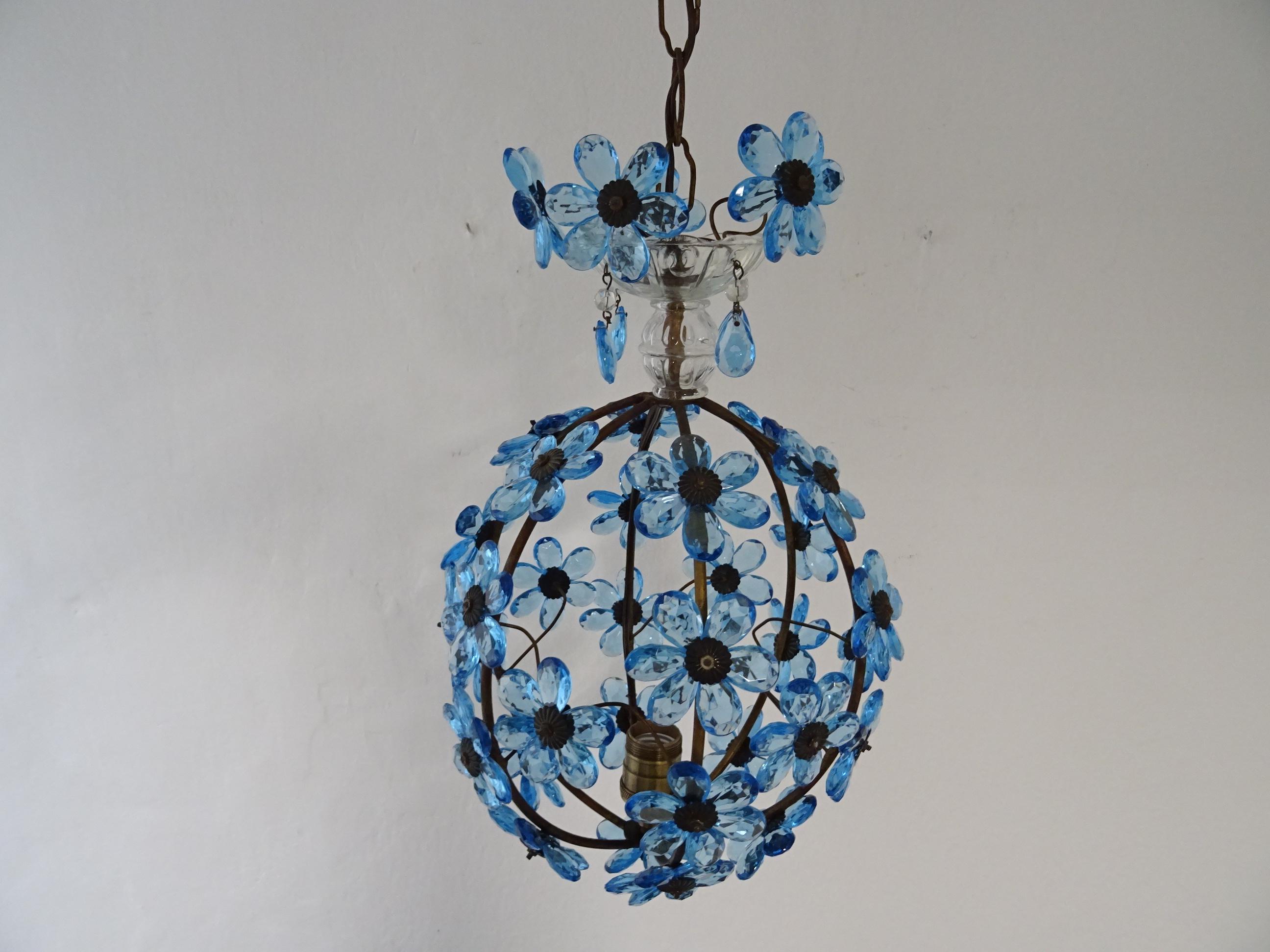 French Blue Flower Ball Crystal Prisms Maison Baguès Style Chandelier, 1920s 6