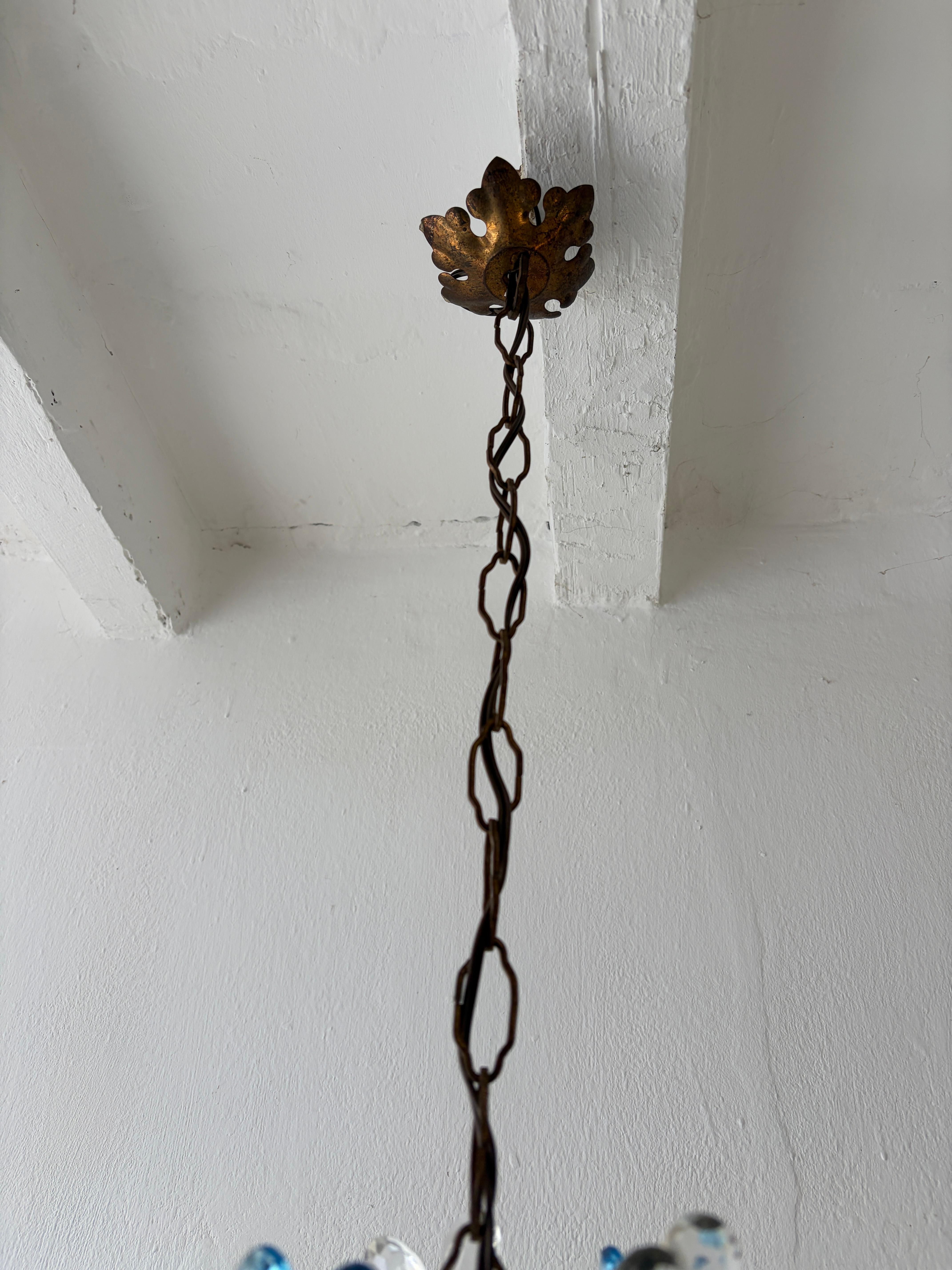 French Blue Flower Ball Crystal Prisms Maison Baguès Style Chandelier, 1920s For Sale 8