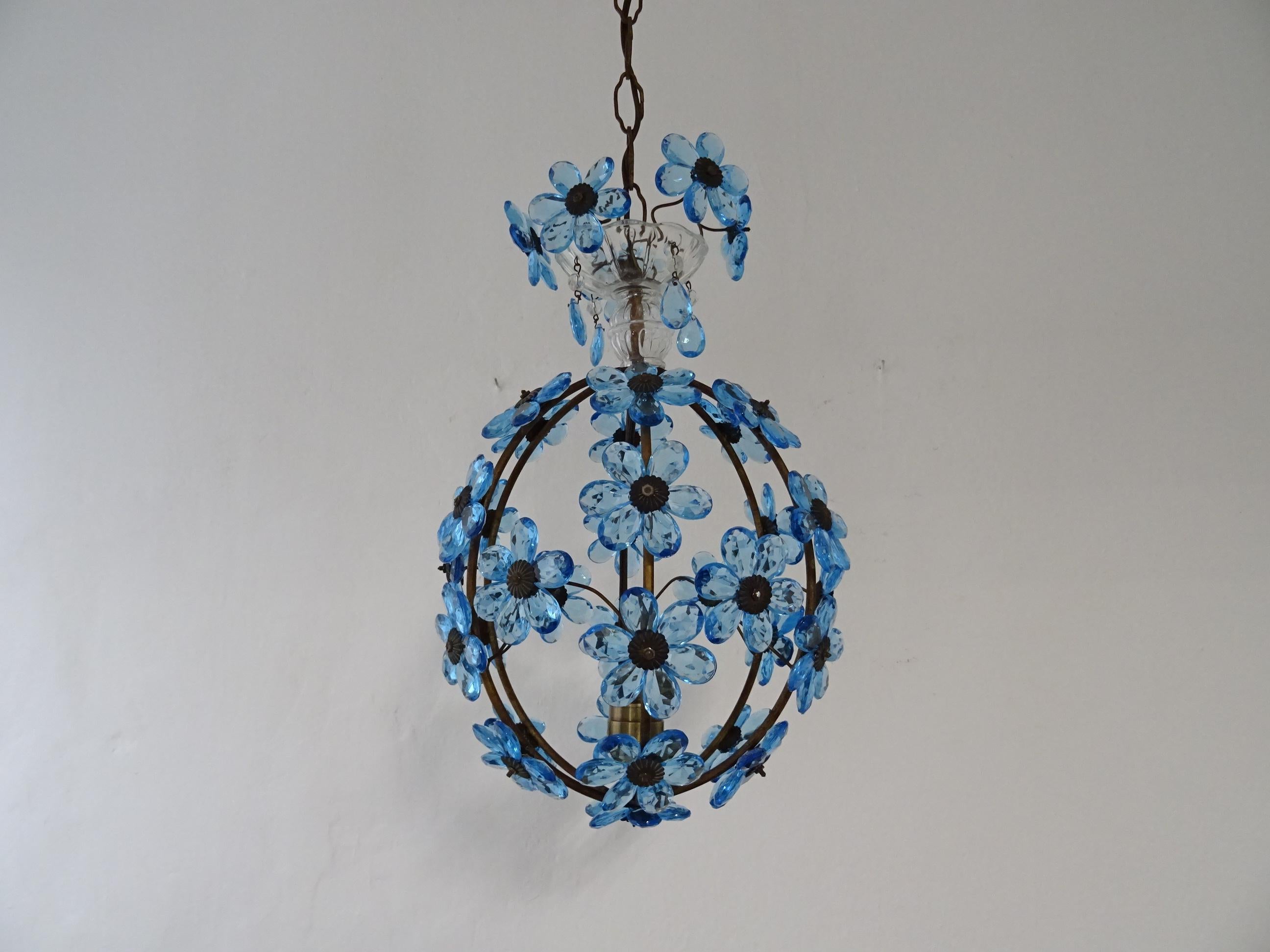 Housing 1 big light inside. Chandelier has been newly rewired with certified US UL socket for the USA and appropriate socket and ready to hang. Blue crystal prisms, 6 petals each and 36 total flowers. Murano glass and crystal bobèche dripping with