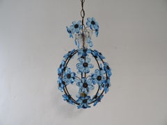 French Blue Flower Ball Crystal Prisms Maison Baguès Style Chandelier, 1920s