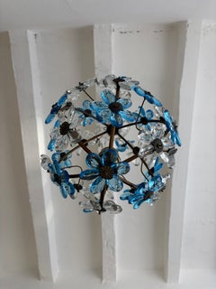 French Blue Flower Ball Crystal Prisms Maison Baguès Style Chandelier, 1920s