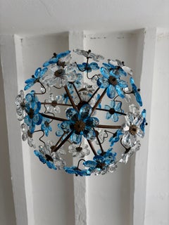 French Blue Flower Ball Crystal Prisms Maison Baguès Style Chandelier, 1920s