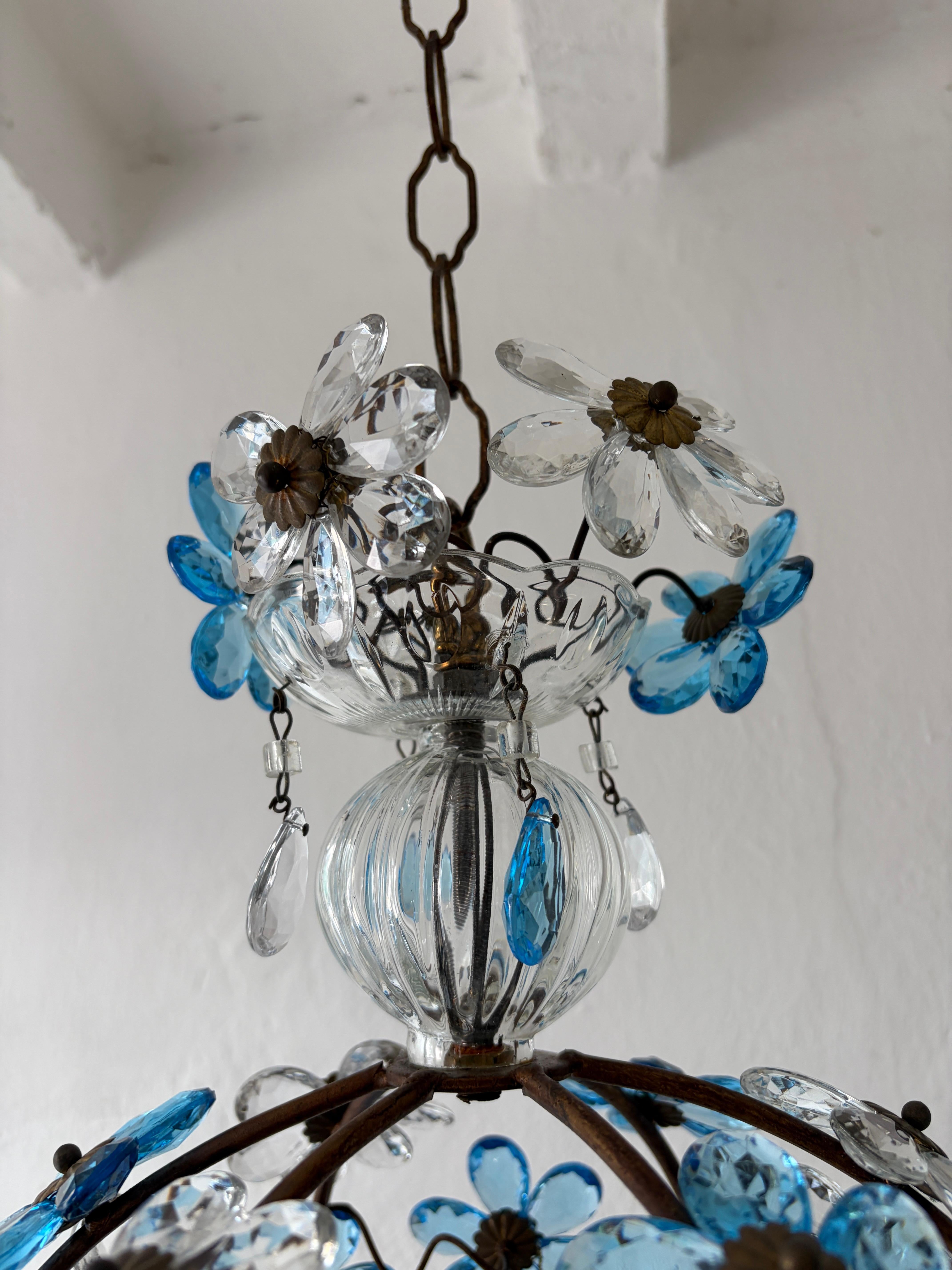 Français Lustre de style Maison Baguès à prisme en cristal Ball and Ball Ball bleu, années 1920 en vente