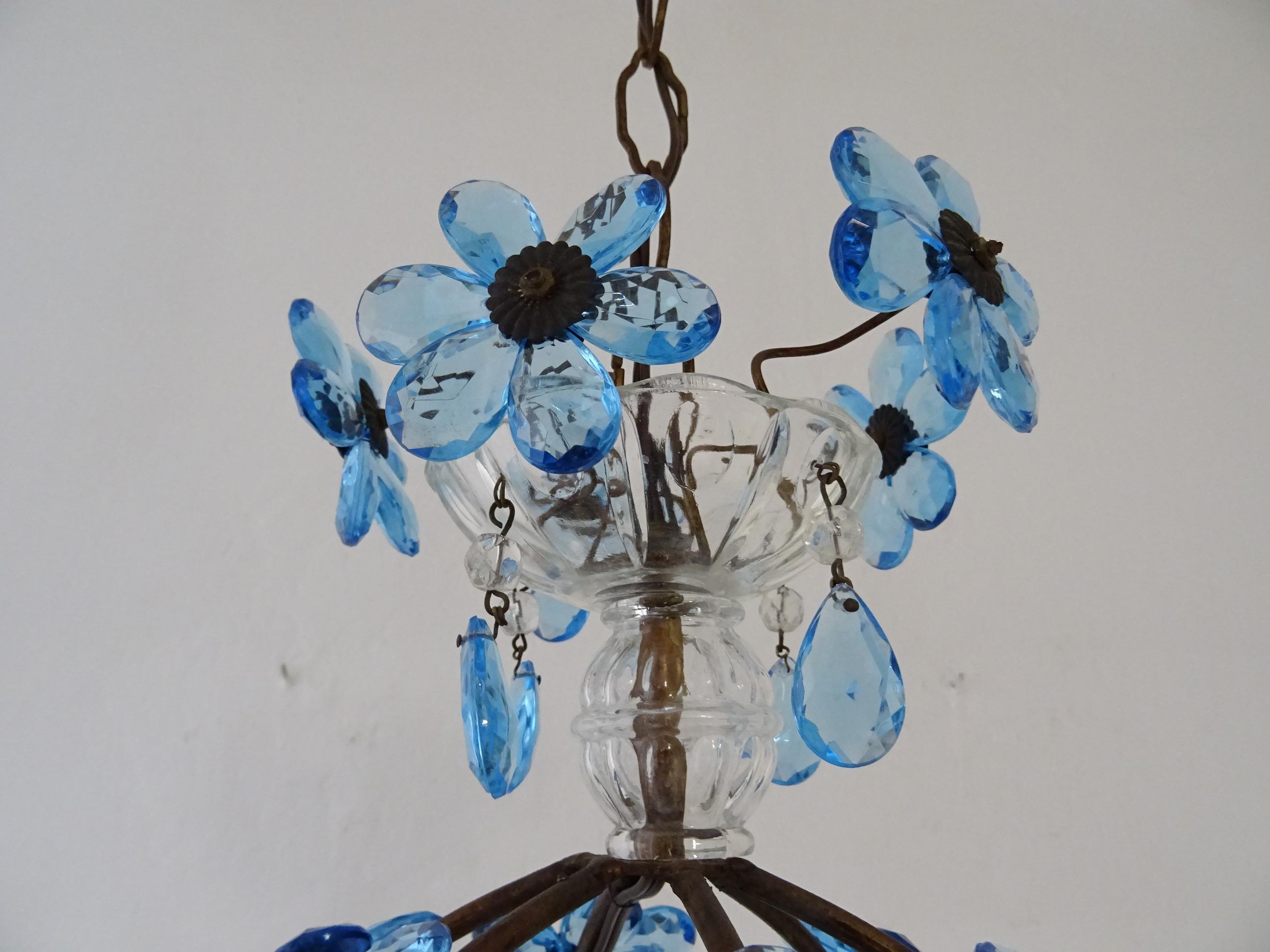 French Blue Flower Ball Crystal Prisms Maison Baguès Style Chandelier, 1920s 1