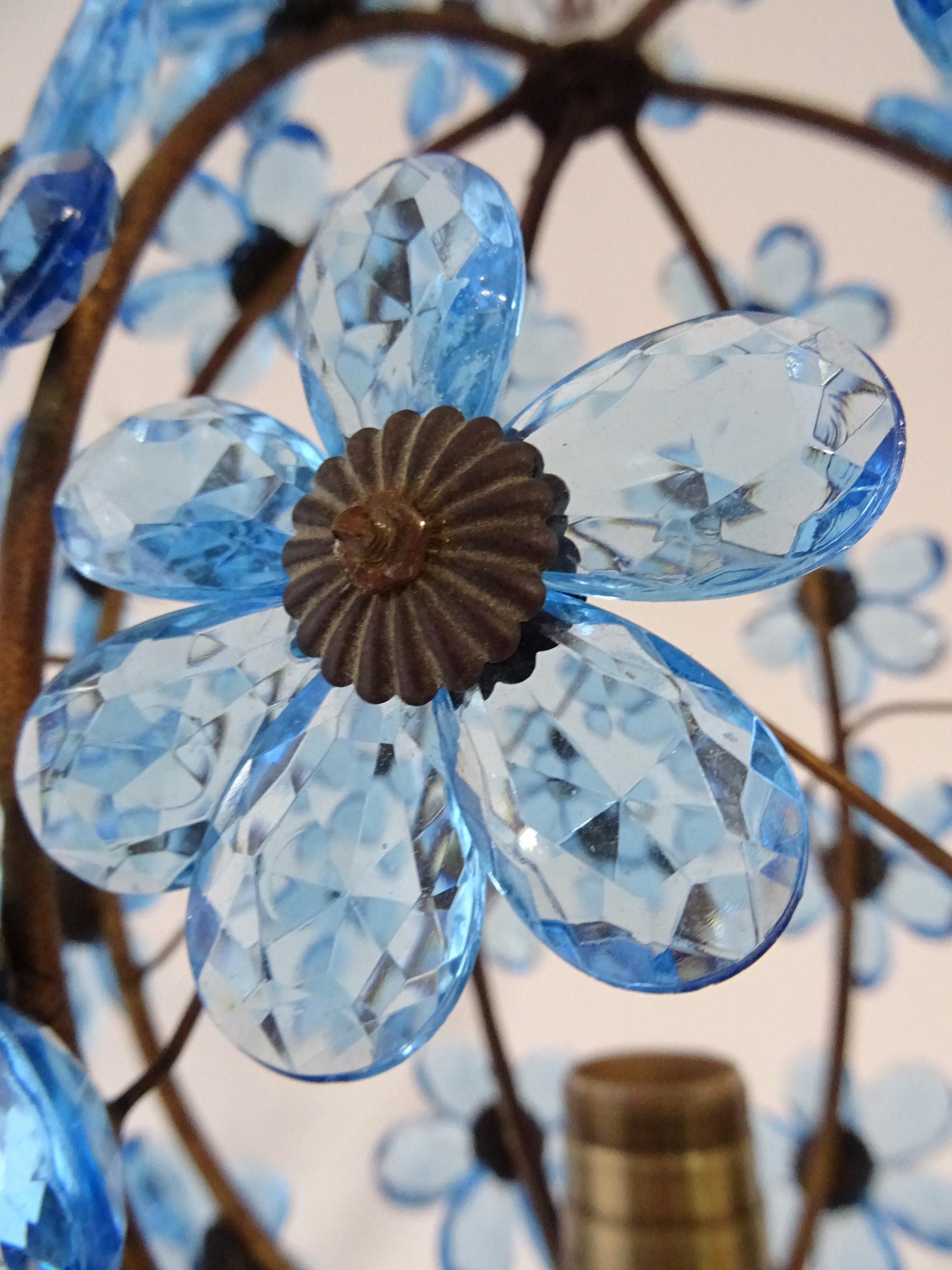French Blue Flower Ball Crystal Prisms Maison Baguès Style Chandelier, 1920s 3