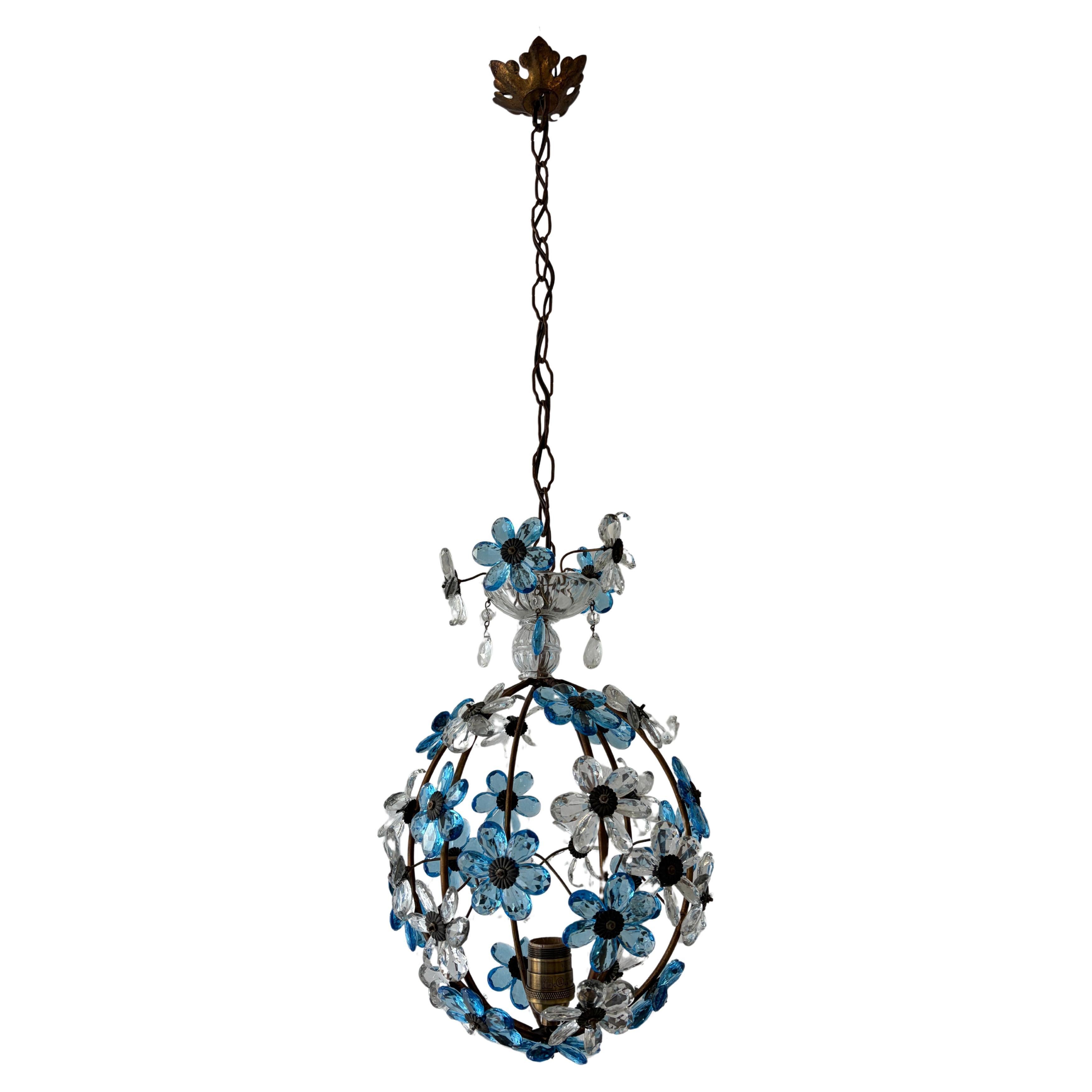 French Blue Flower Ball Crystal Prisms Maison Baguès Style Chandelier, 1920s For Sale