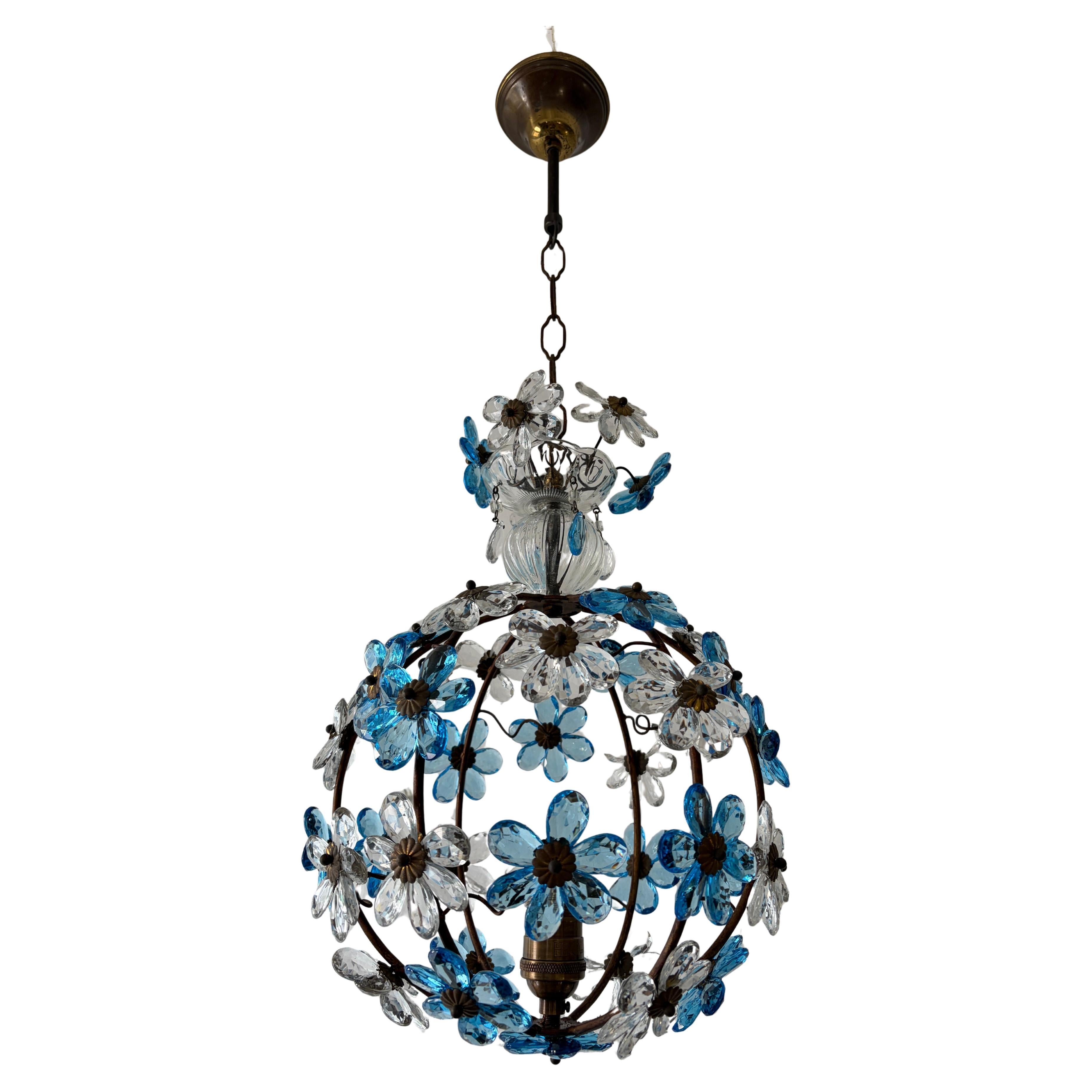 French Blue Flower Ball Crystal Prisms Maison Baguès Style Chandelier, 1920s
