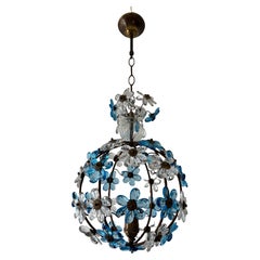 French Blue Flower Ball Crystal Prisms Maison Baguès Style Chandelier, 1920s