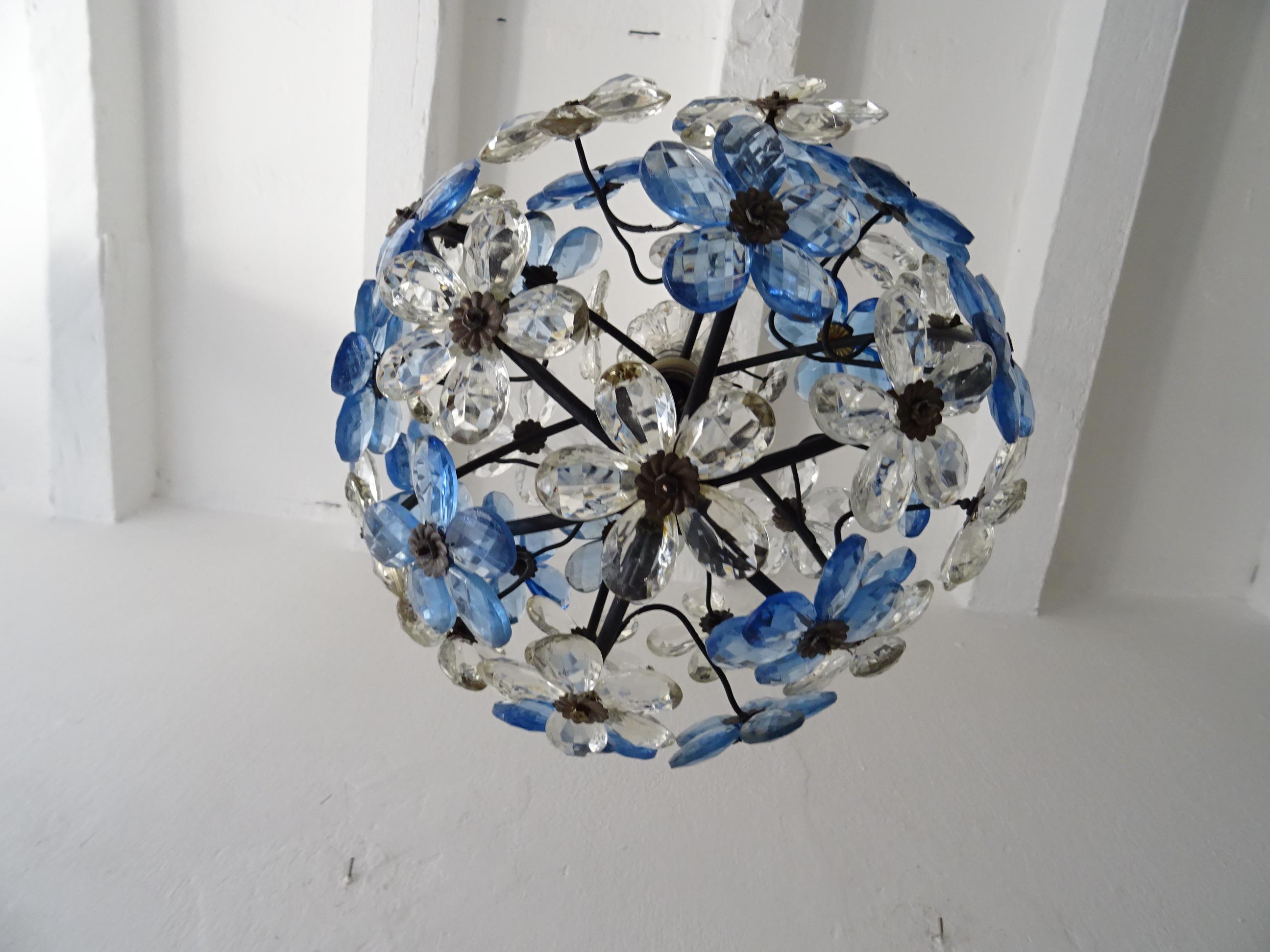 Early 20th Century French Blue Flower Ball Crystal Prisms Maison Baguès Style Chandelier