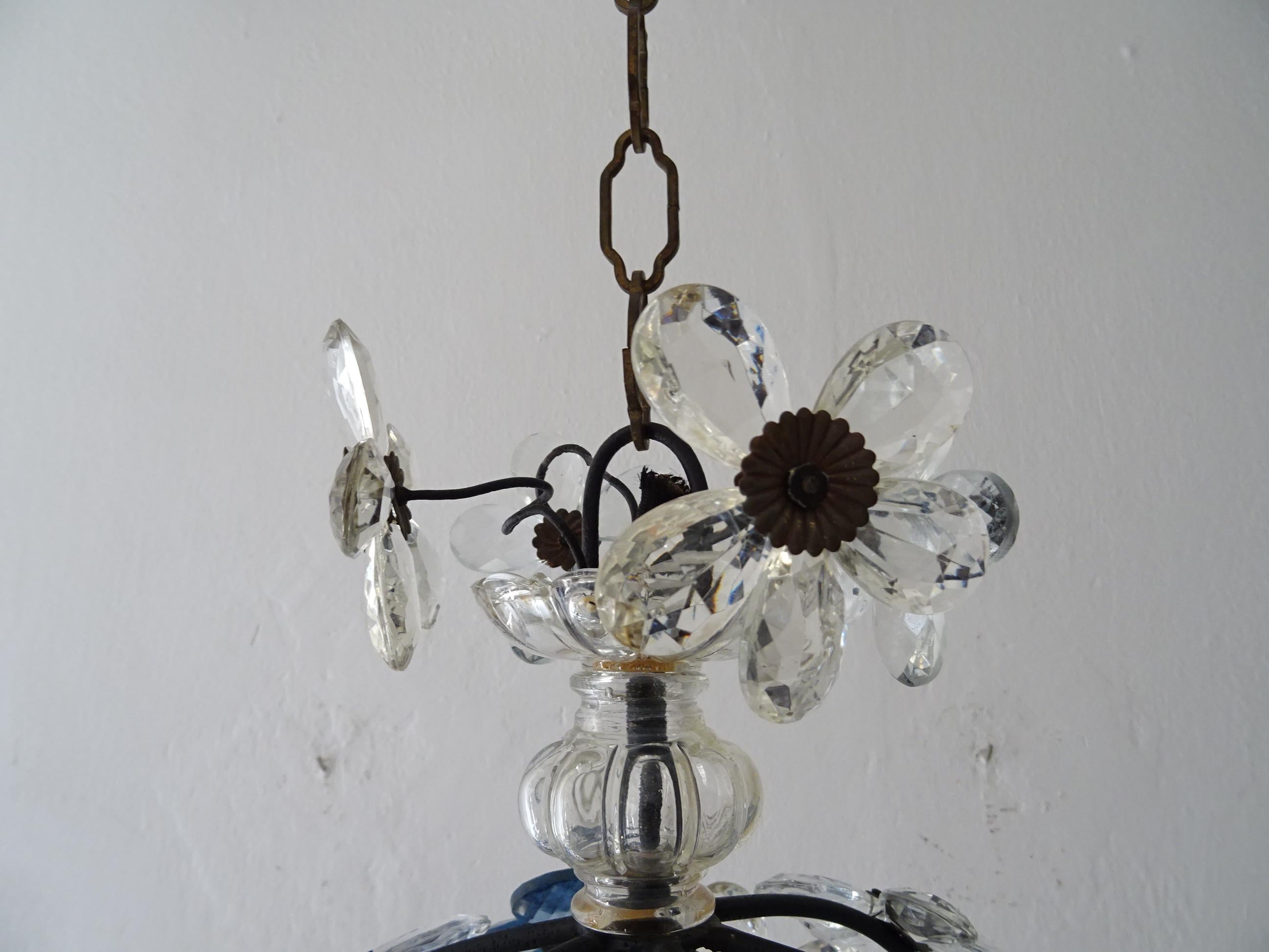 French Blue Flower Ball Crystal Prisms Maison Baguès Style Chandelier 1