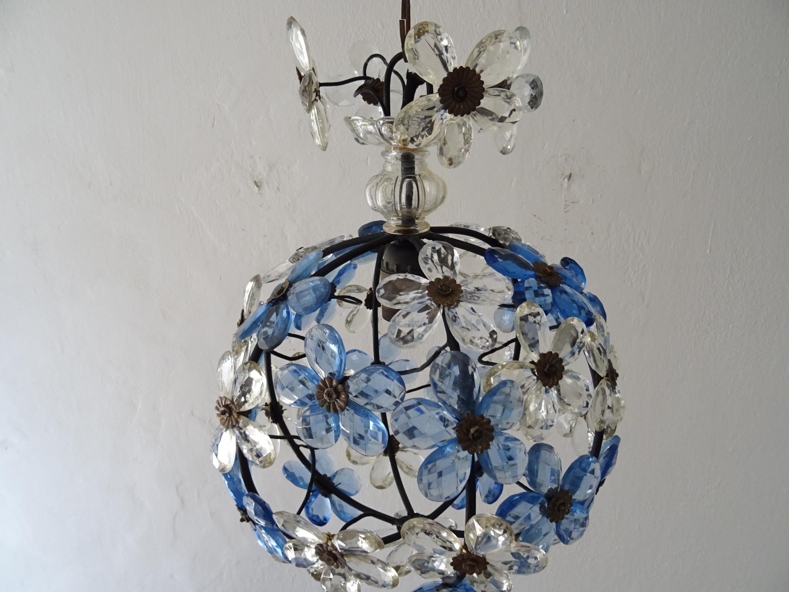 French Blue Flower Ball Crystal Prisms Maison Baguès Style Chandelier 2