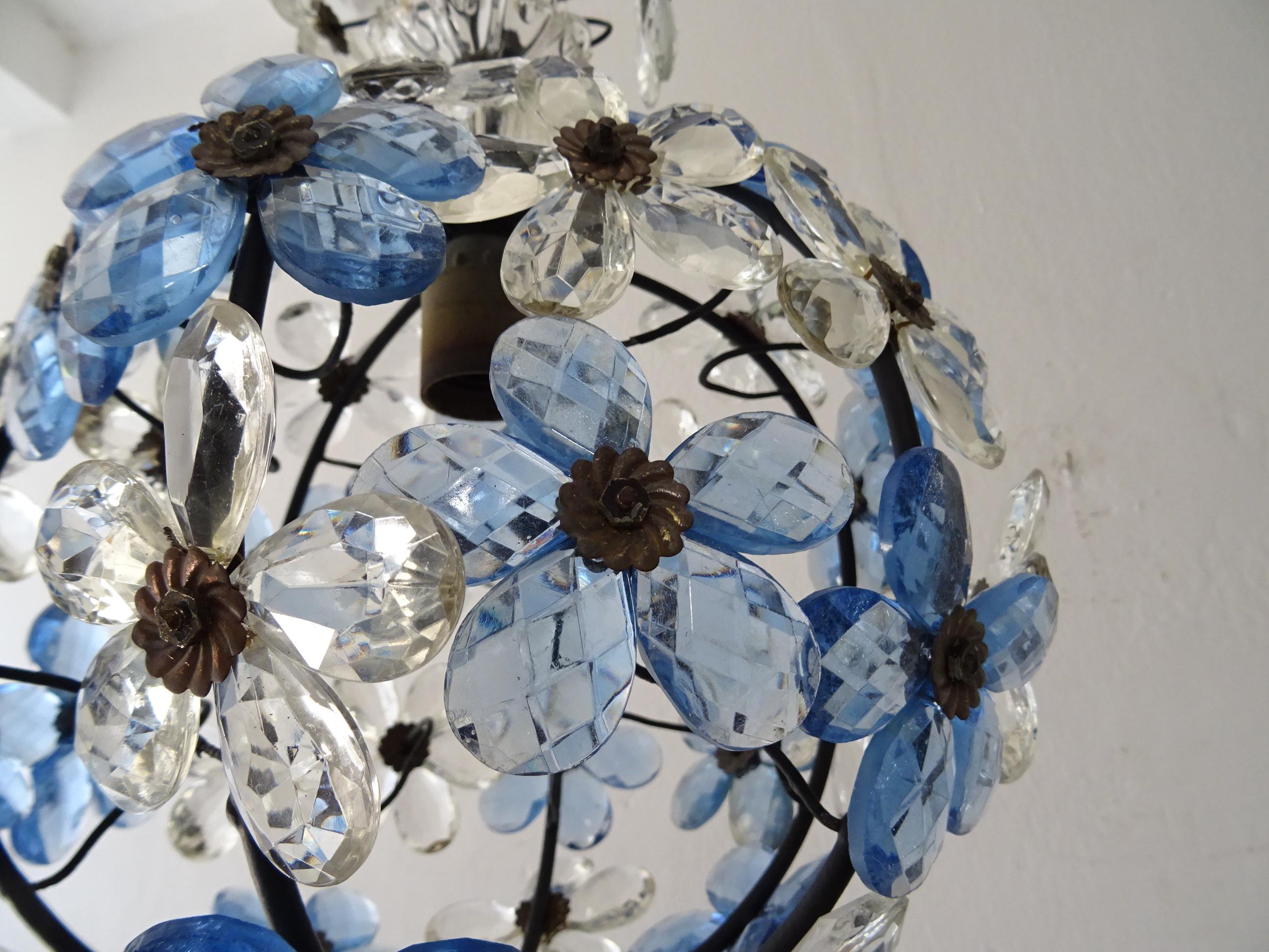 French Blue Flower Ball Crystal Prisms Maison Baguès Style Chandelier 3