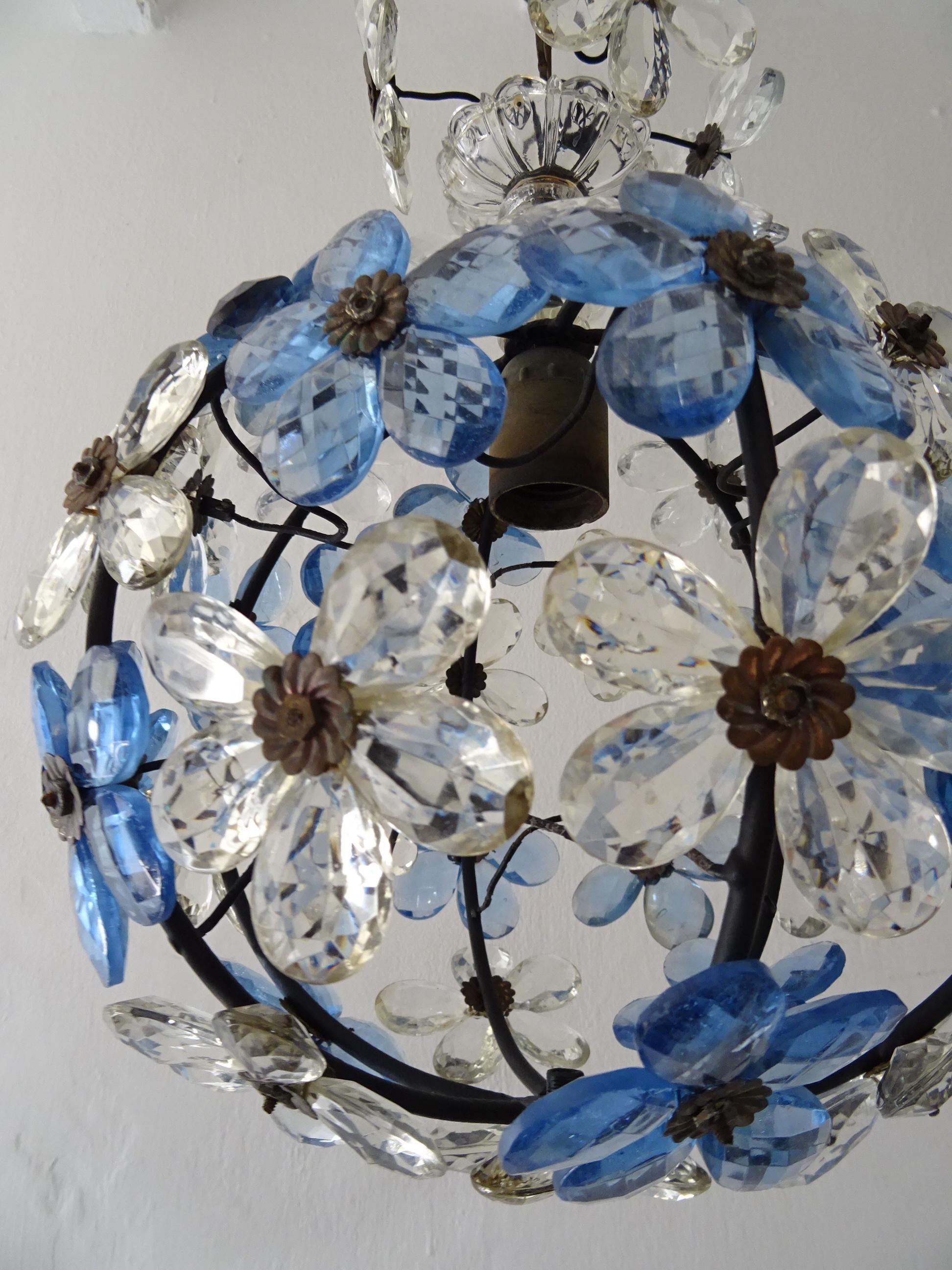 French Blue Flower Ball Crystal Prisms Maison Baguès Style Chandelier 4