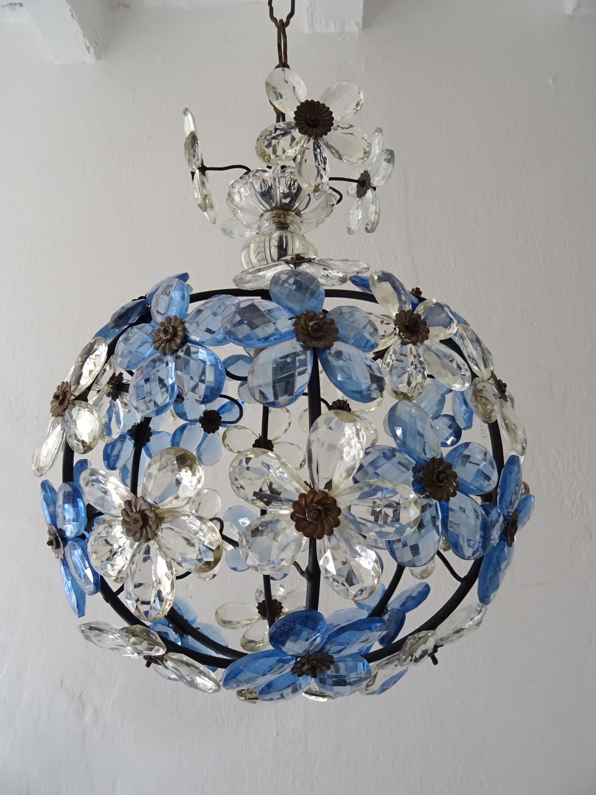 French Blue Flower Ball Crystal Prisms Maison Baguès Style Chandelier 5