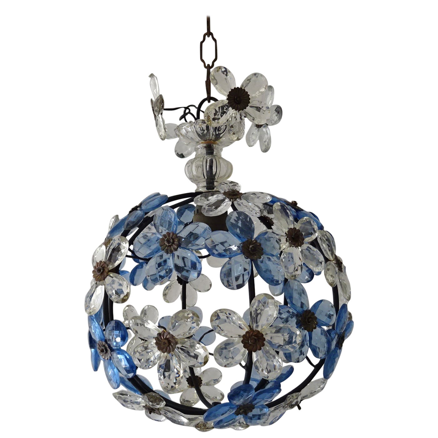 French Blue Flower Ball Crystal Prisms Maison Baguès Style Chandelier