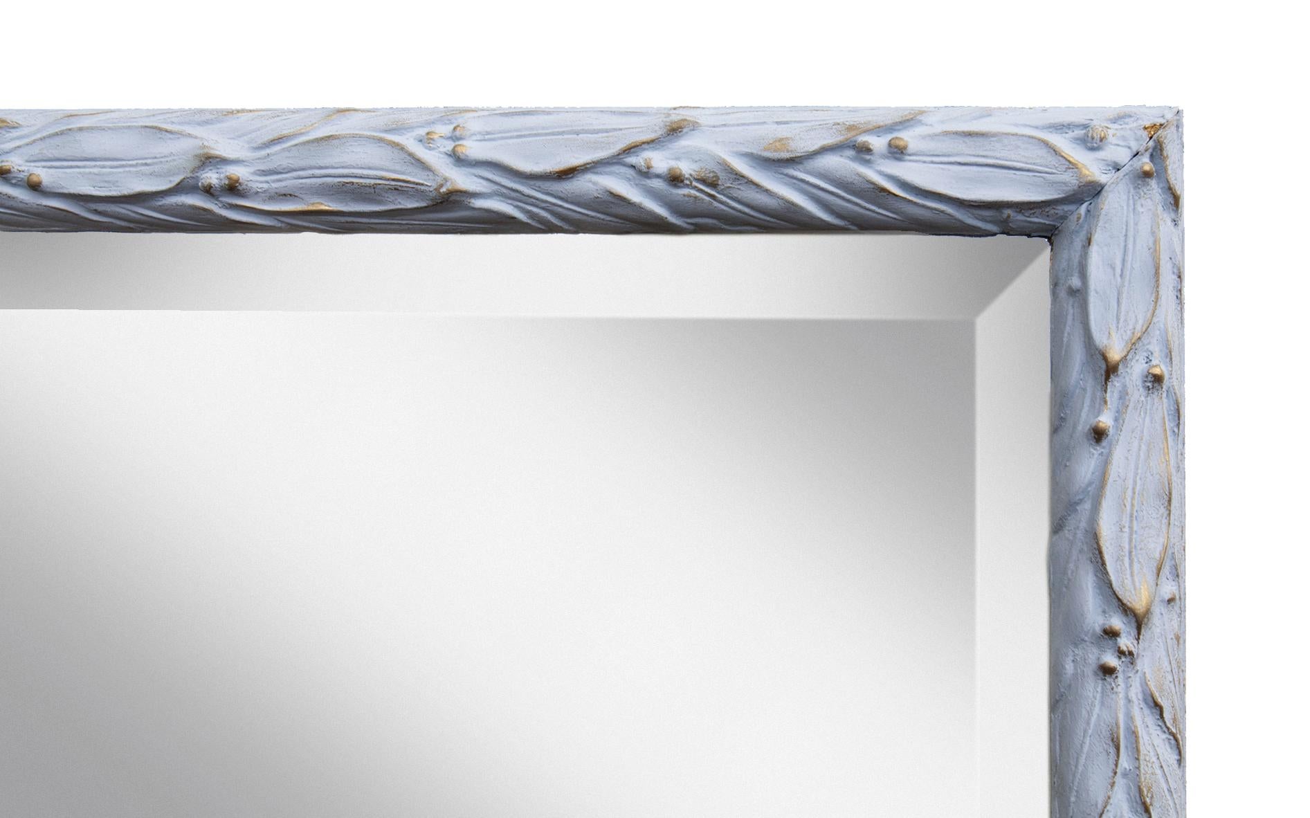 Hardwood French Blue Framed Beveled Mirror Leaf Motif  For Sale