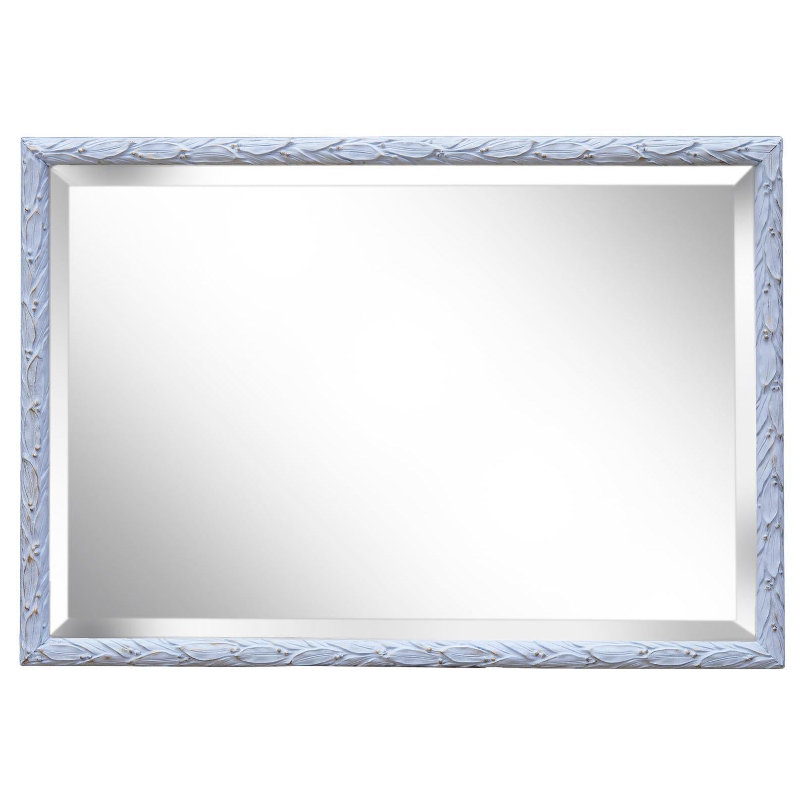 French Blue Framed Beveled Mirror Leaf Motif  For Sale
