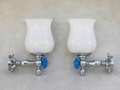 French Blue Glass Flower Wall Light Sconces in Chrome and Opaline C1960s