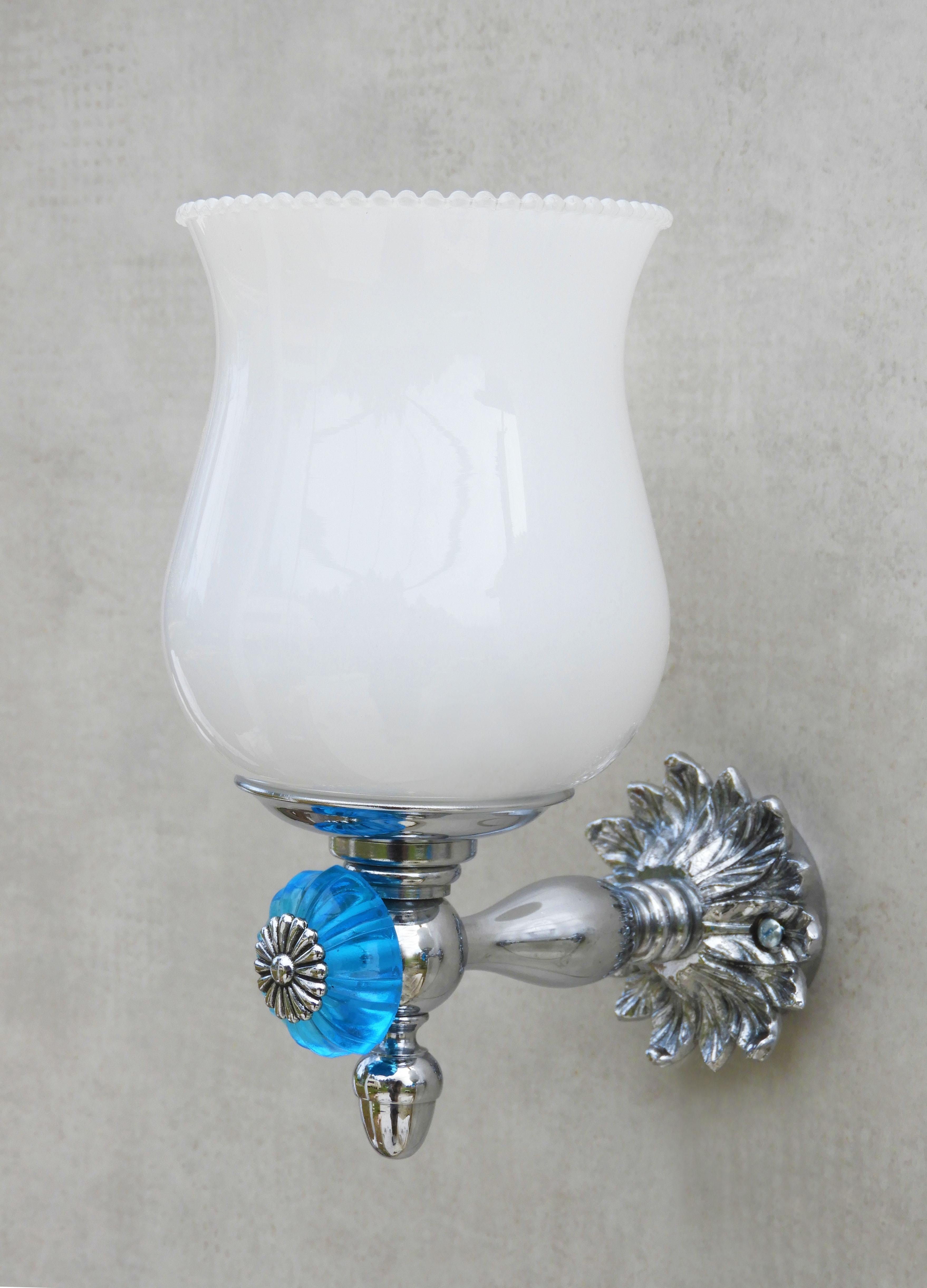 French Blue Glass Flower Wall Light Sconces in Chrome and Opaline C1960s In Good Condition For Sale In Trensacq, FR