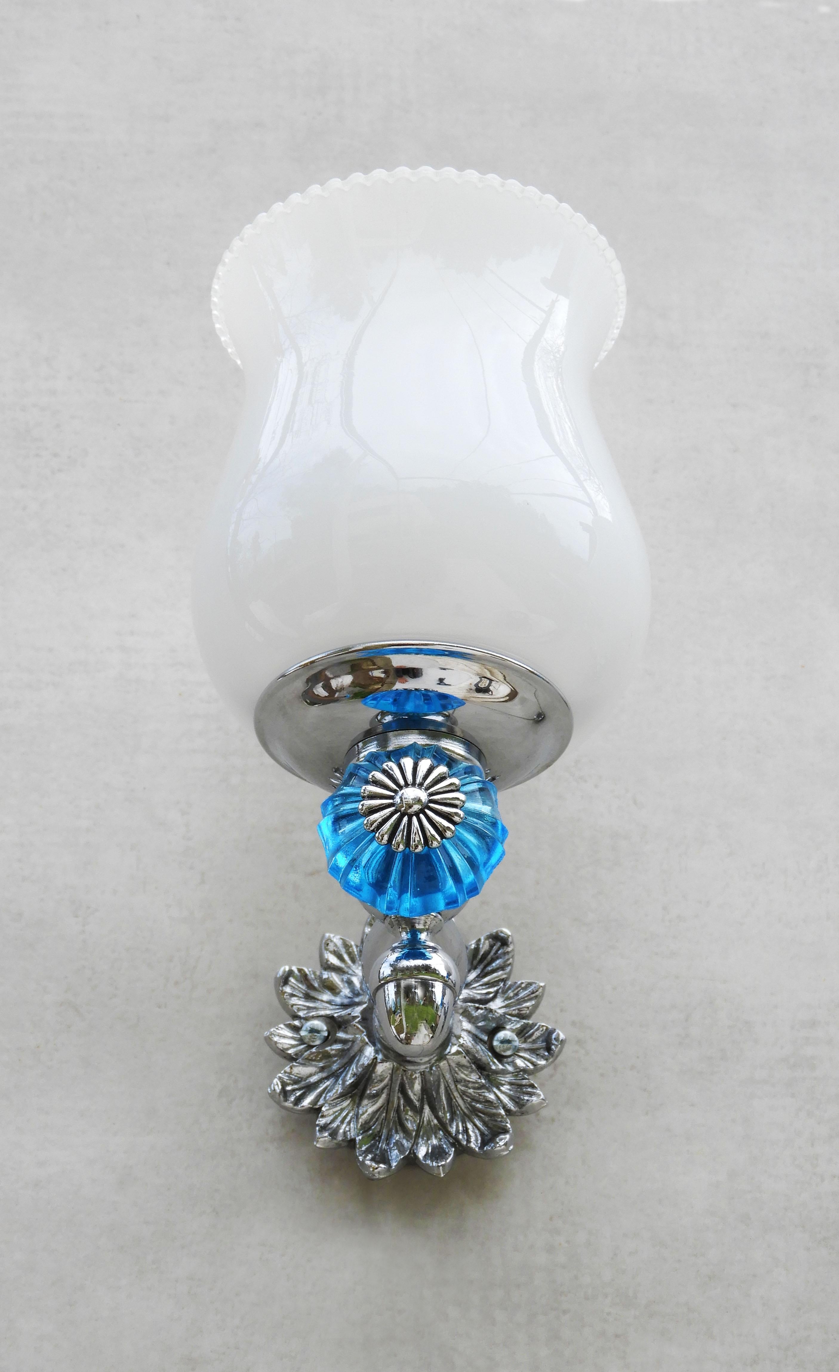 20th Century French Blue Glass Flower Wall Light Sconces in Chrome and Opaline C1960s For Sale