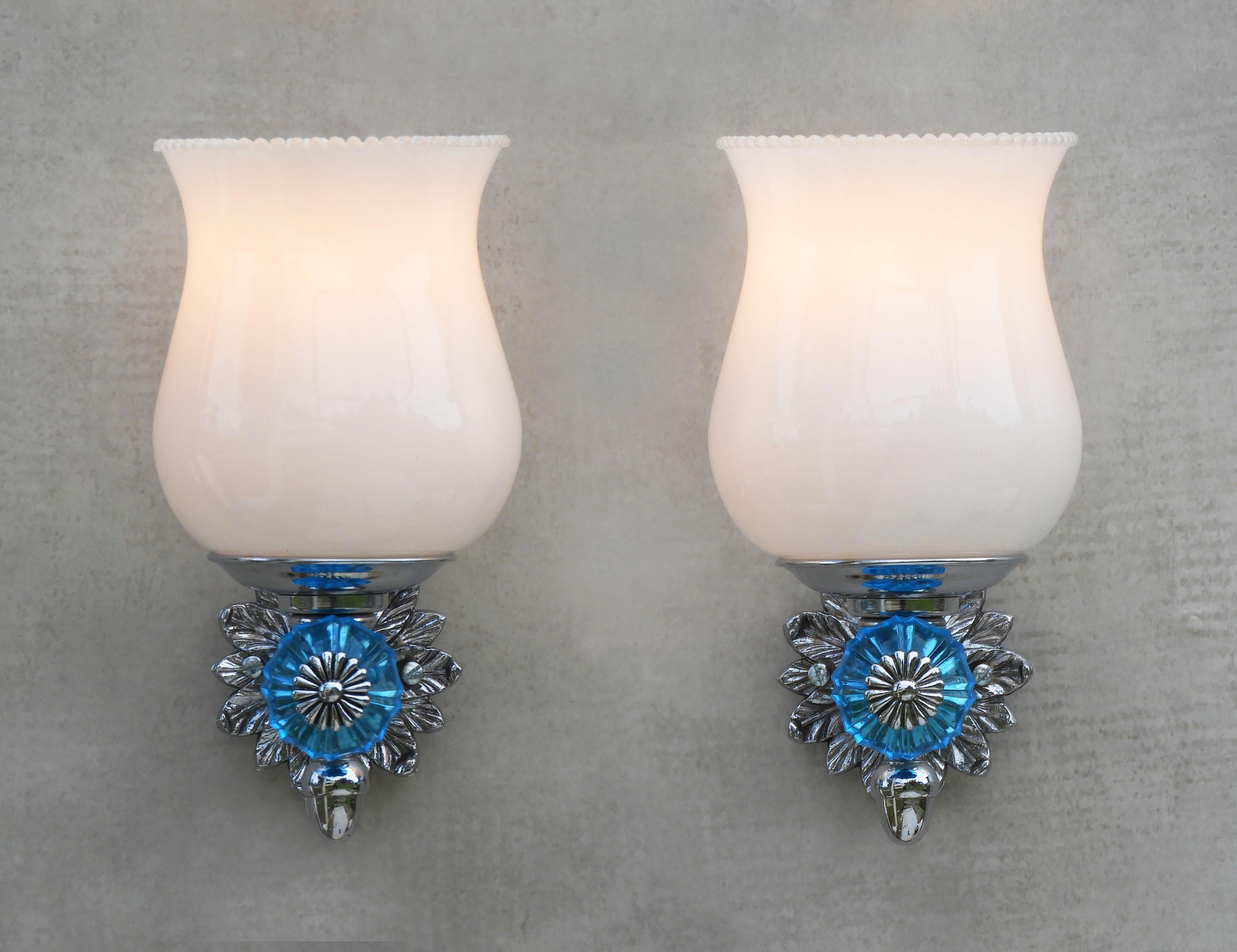 French Blue Glass Flower Wall Light Sconces in Chrome and Opaline C1960s For Sale 1