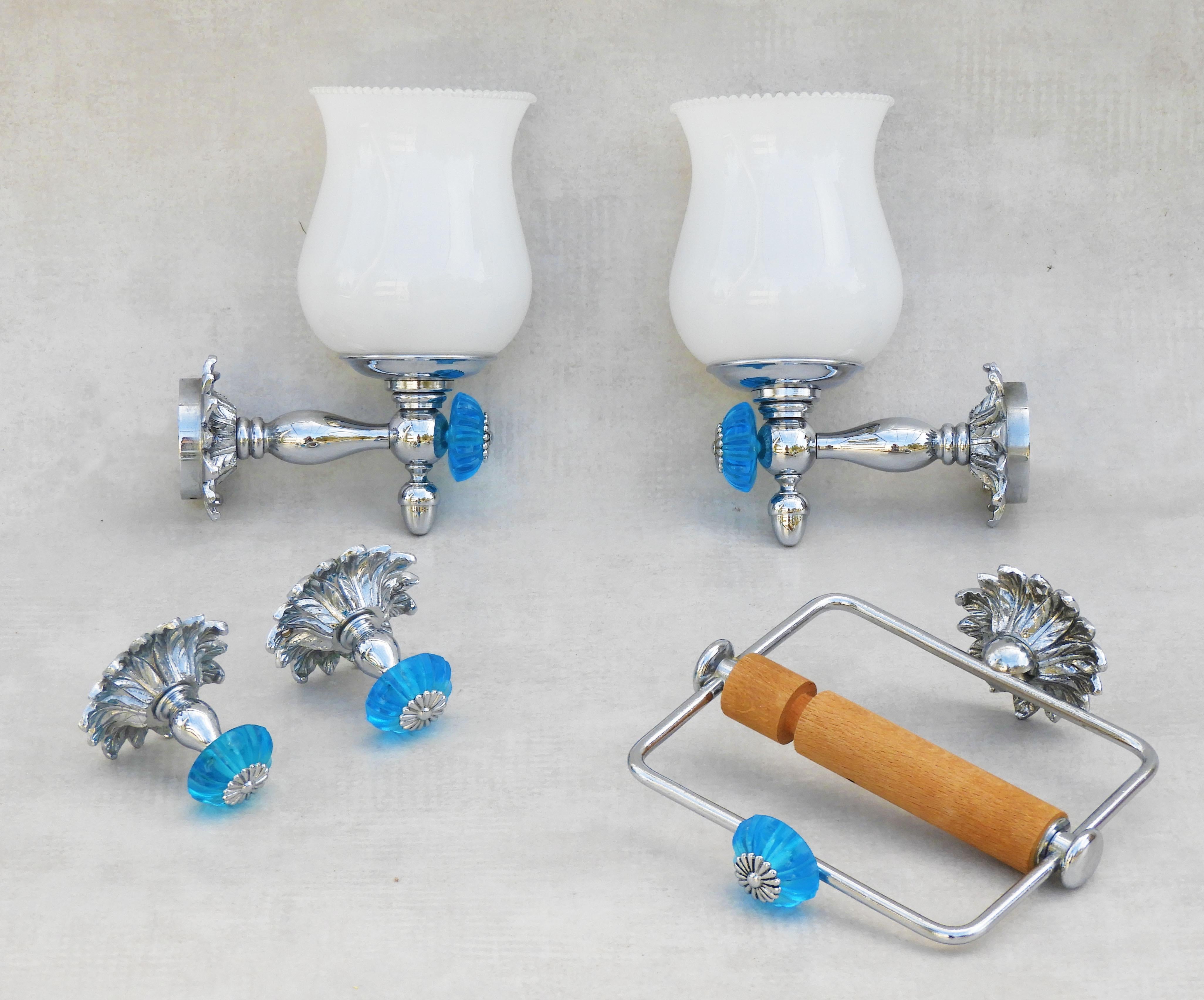 French Blue Glass Flower Wall Light Sconces in Chrome and Opaline C1960s For Sale 2