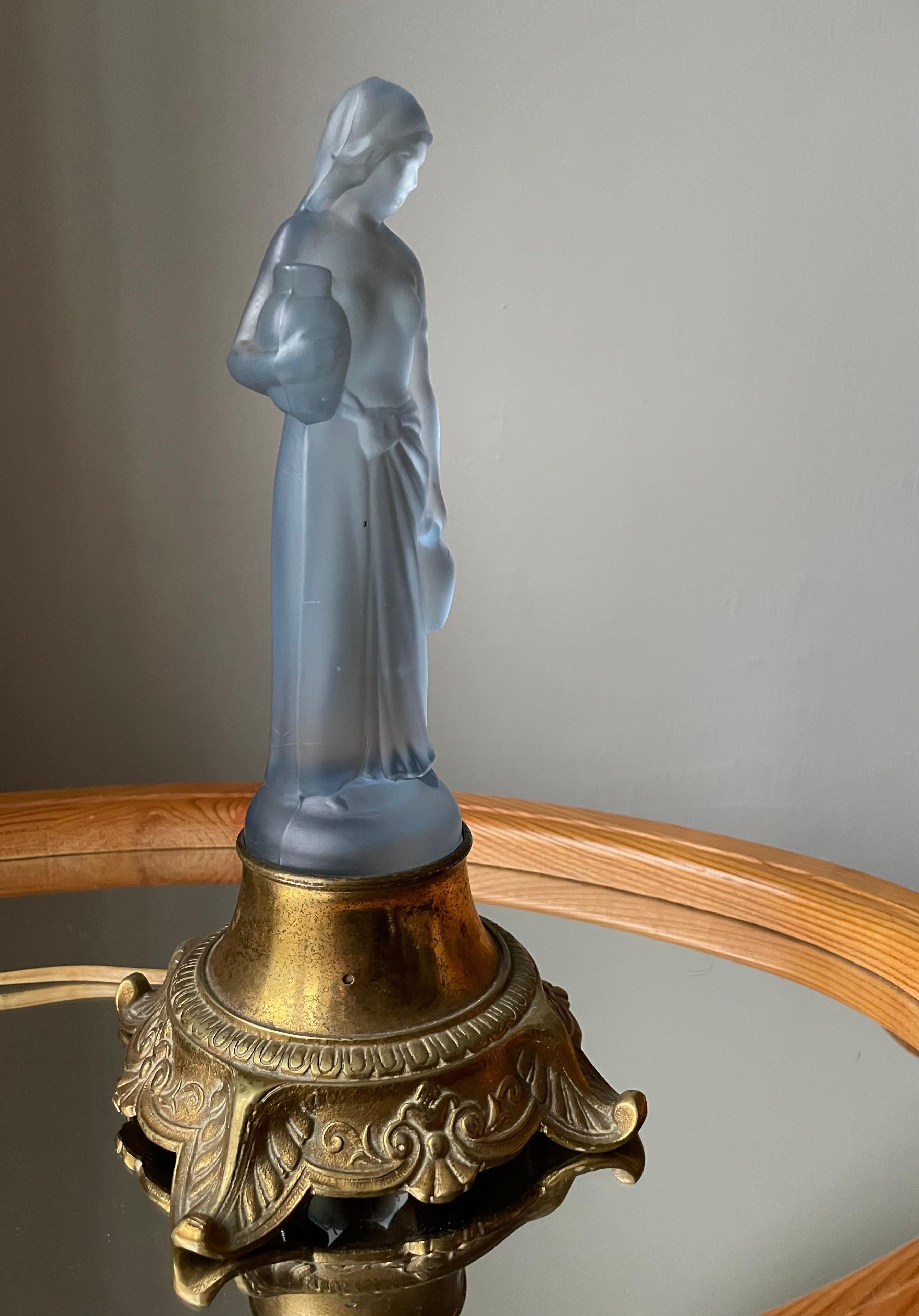 Metal French Art Nouveau Blue Glass Lady Table Lamp, circa 1940s For Sale