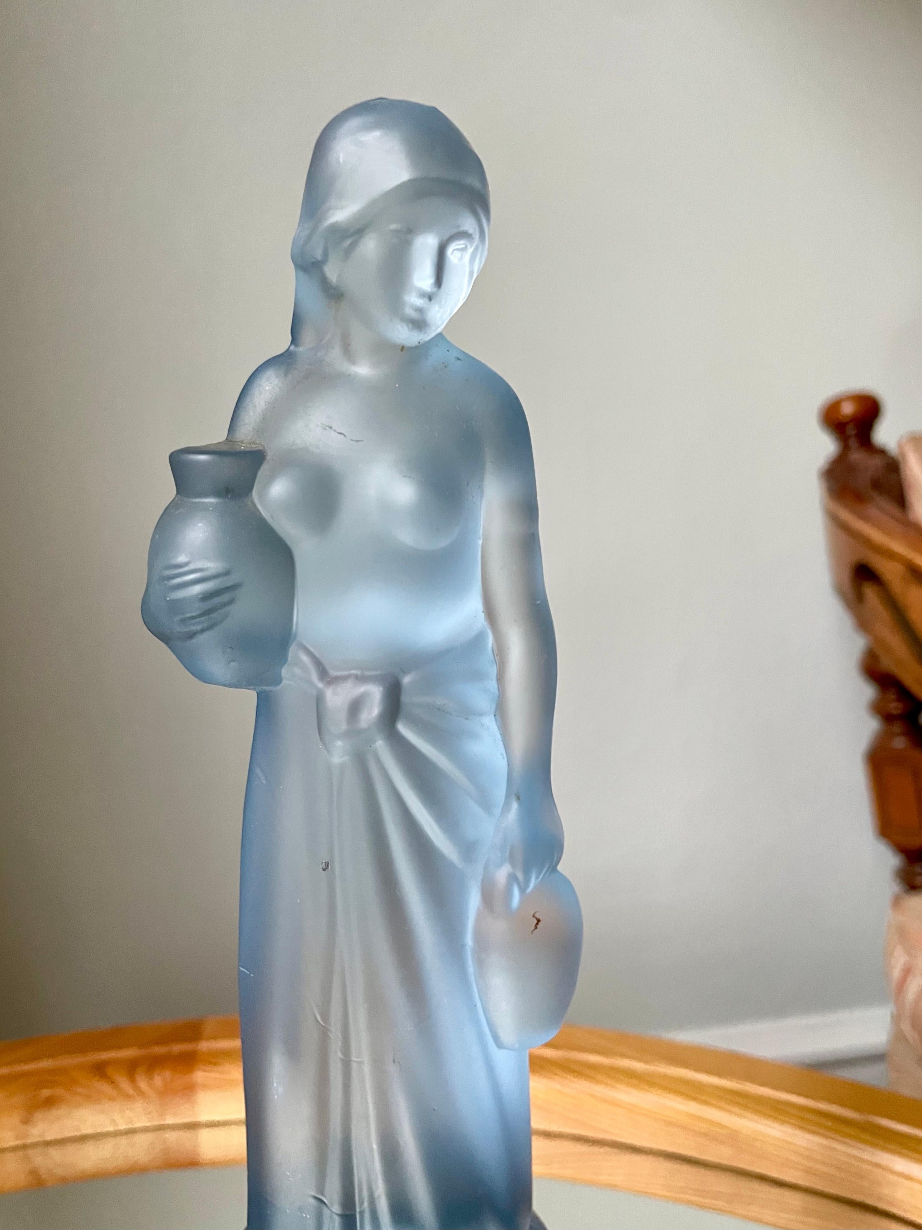 French Art Nouveau Blue Glass Lady Table Lamp, circa 1940s For Sale 3