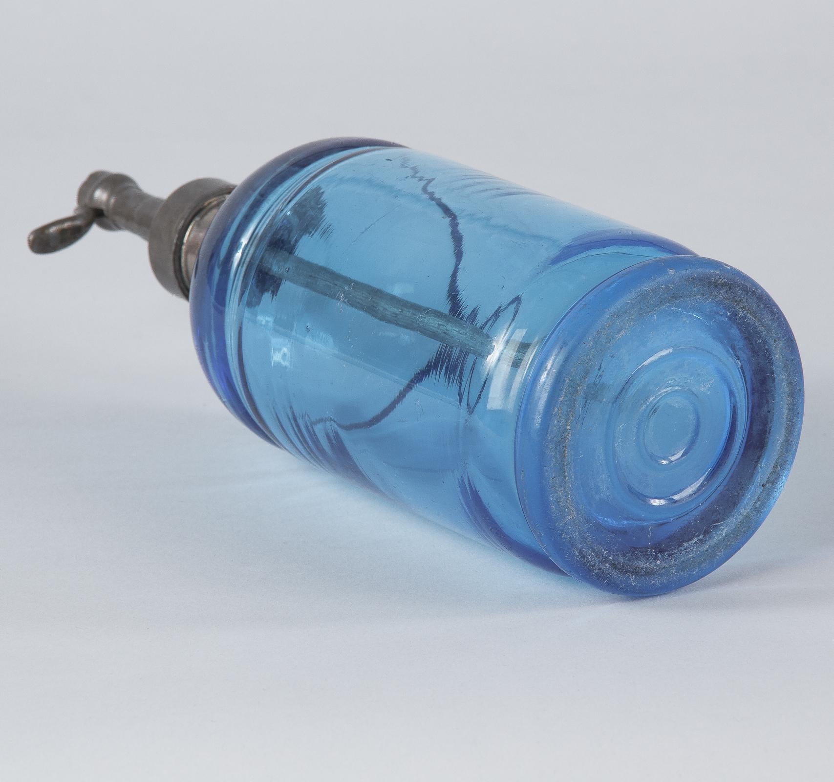 French Blue Glass Seltzer Bottle, Early 1900s 7