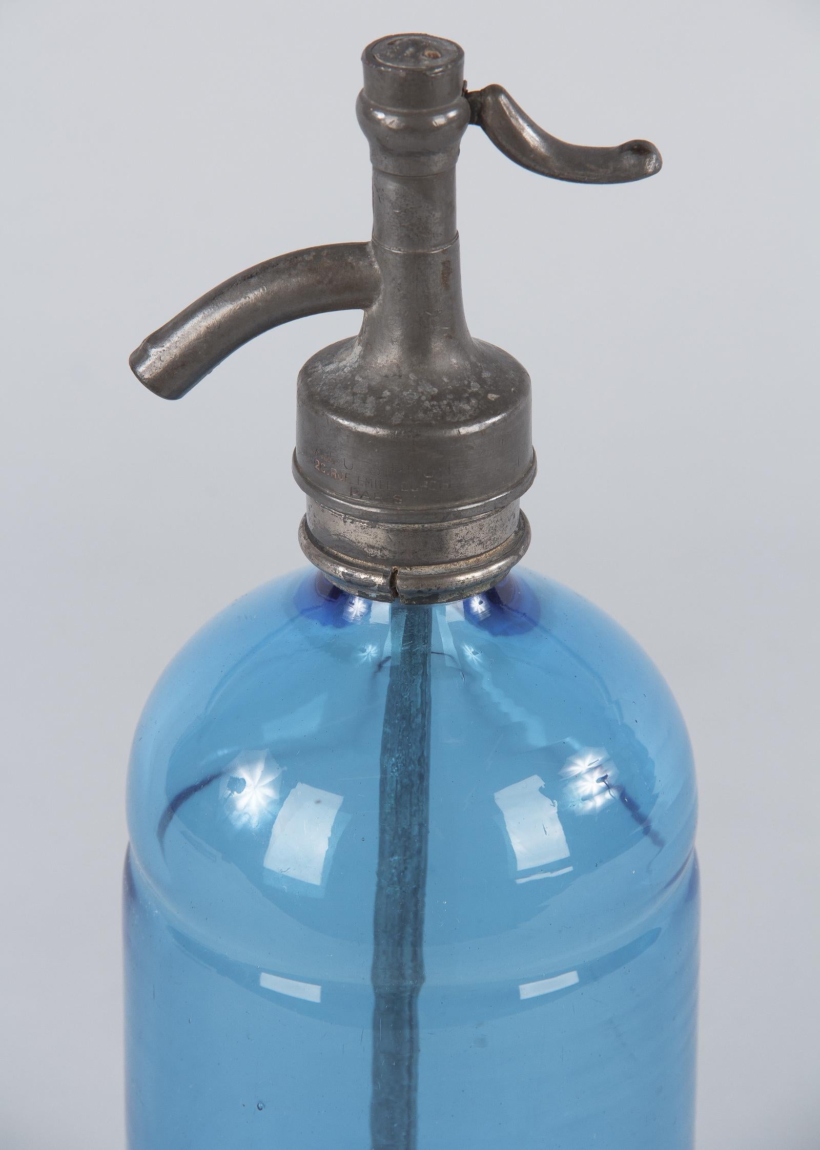 French Blue Glass Seltzer Bottle, Early 1900s In Good Condition In Austin, TX