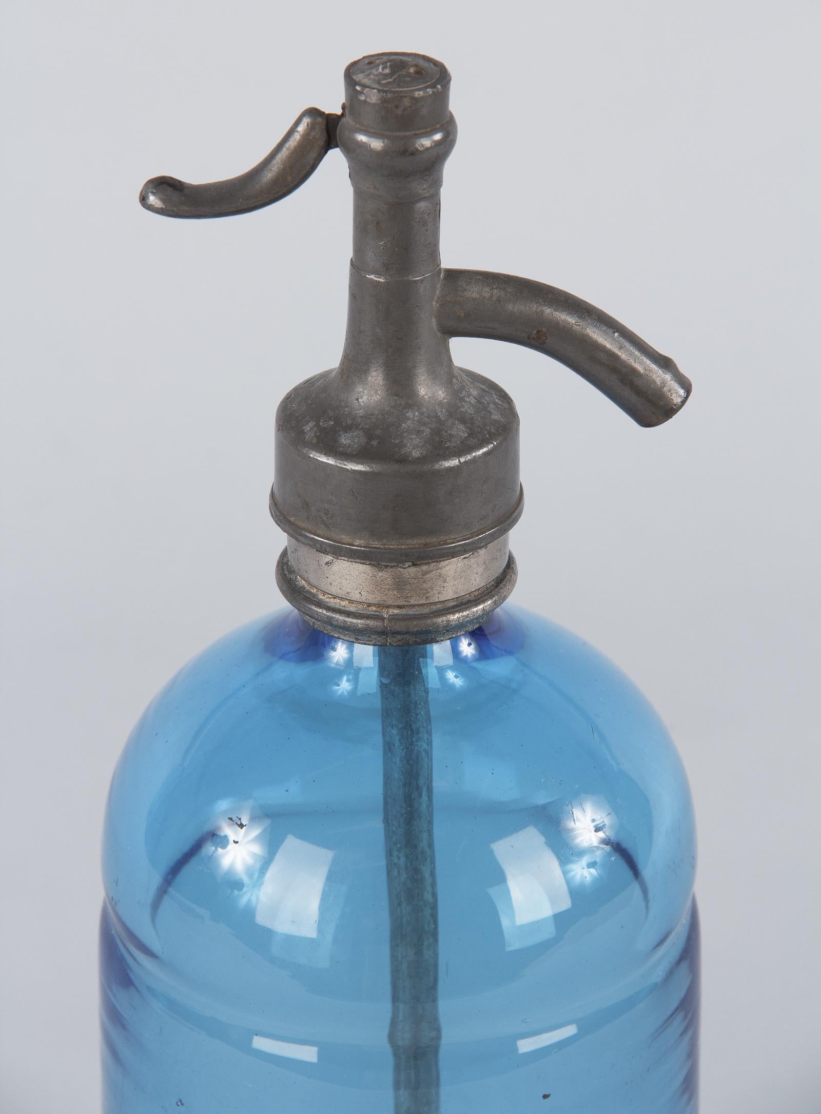 French Blue Glass Seltzer Bottle, Early 1900s 4