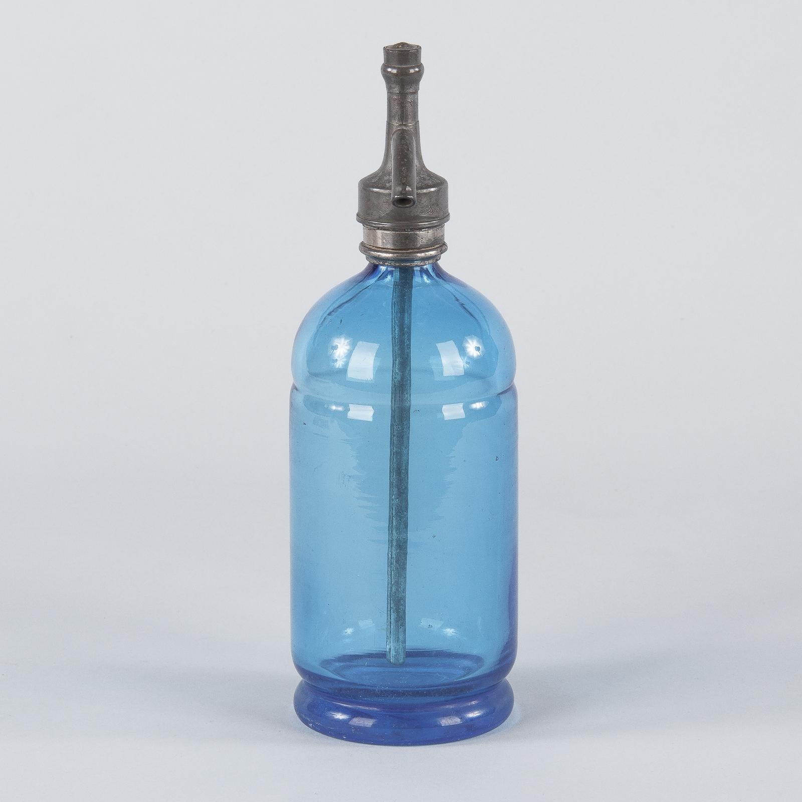 French Blue Glass Seltzer Bottle, Early 1900s 5