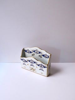 French Blue Gold and White Porcelain Desk Letter Mail Holder from Paris