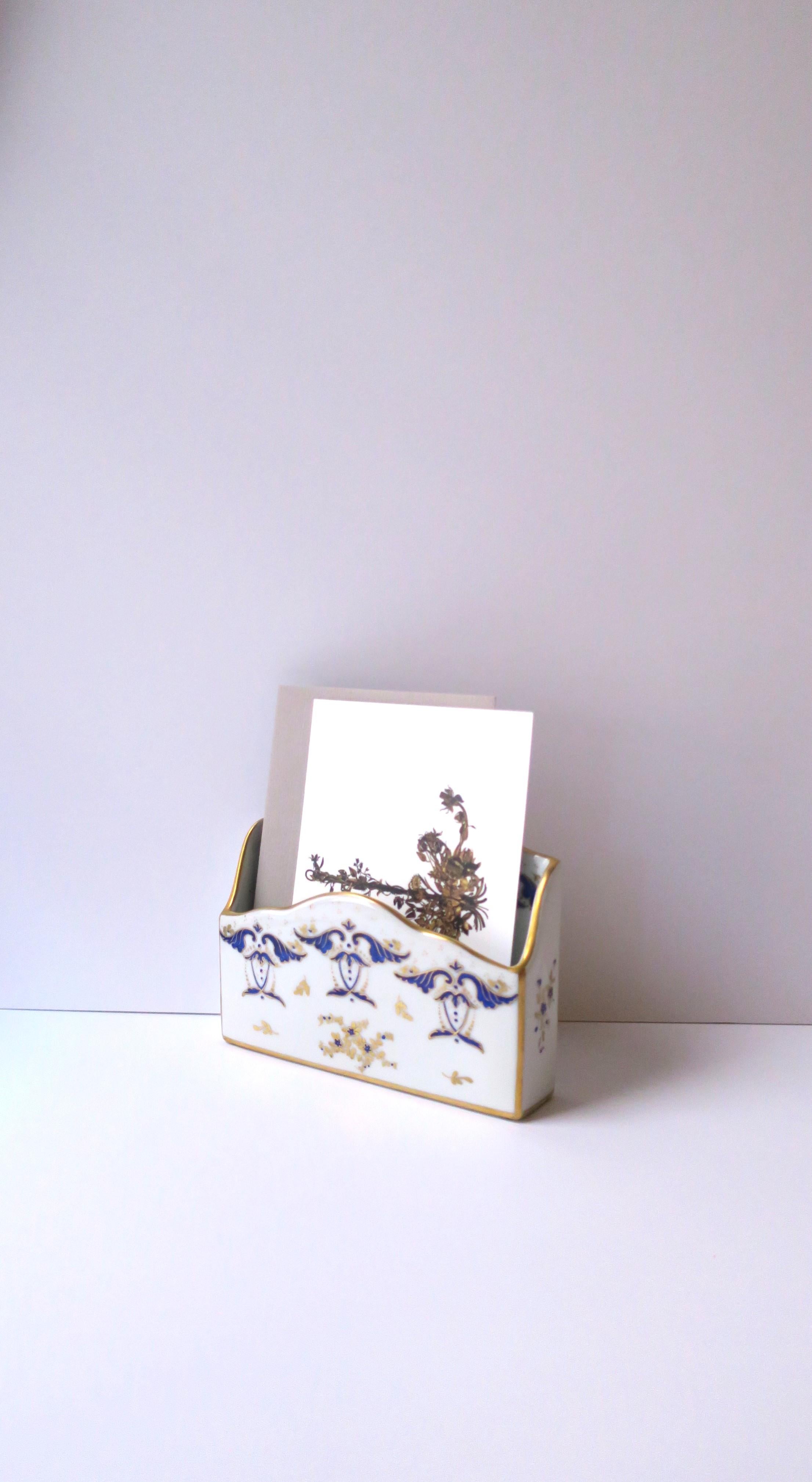 Rococo French Blue Gold and White Porcelain Desk Letter Mail Holder from Paris For Sale